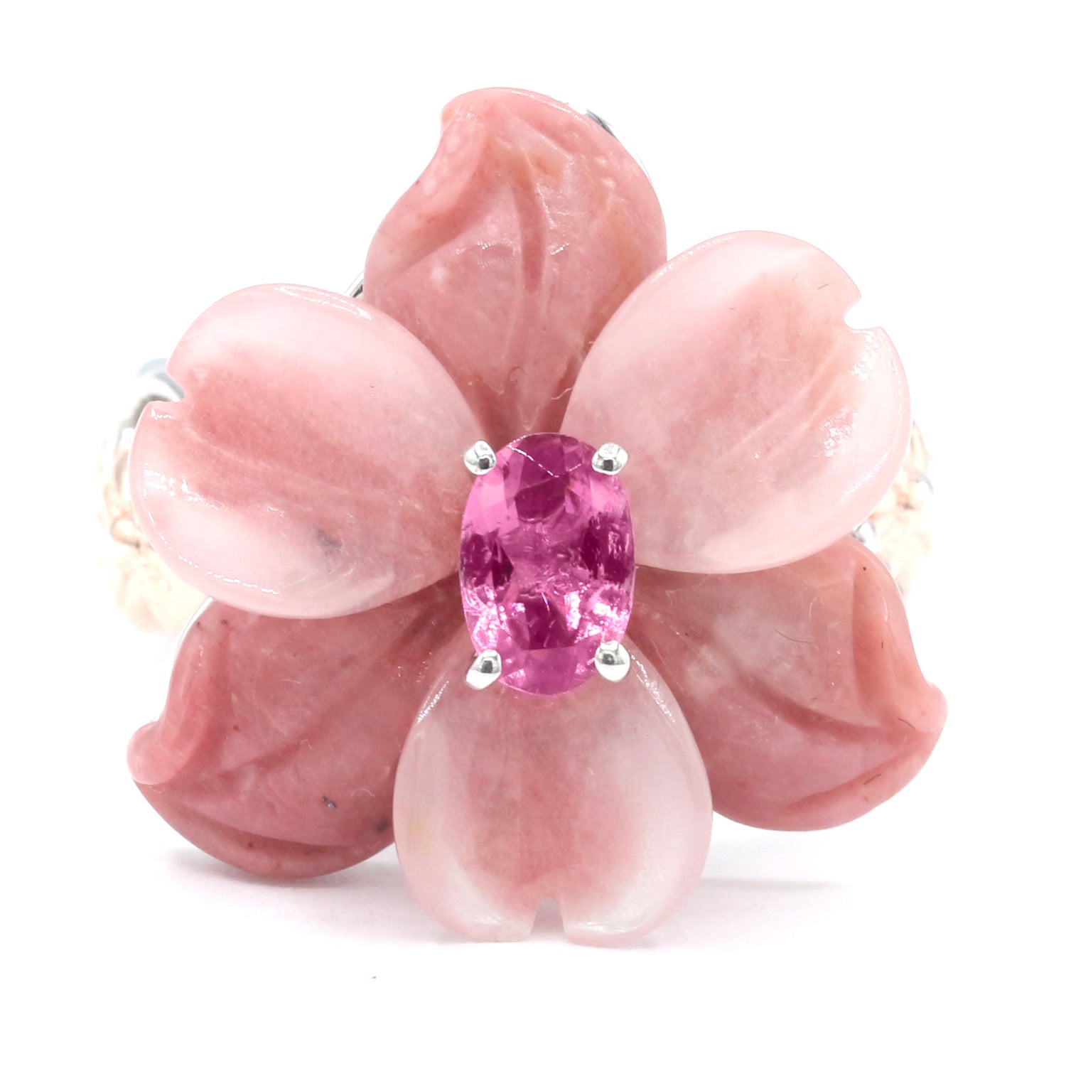 Gems en Vogue Rhodochrosite & Pink Tourmaline Carved Flower Ring