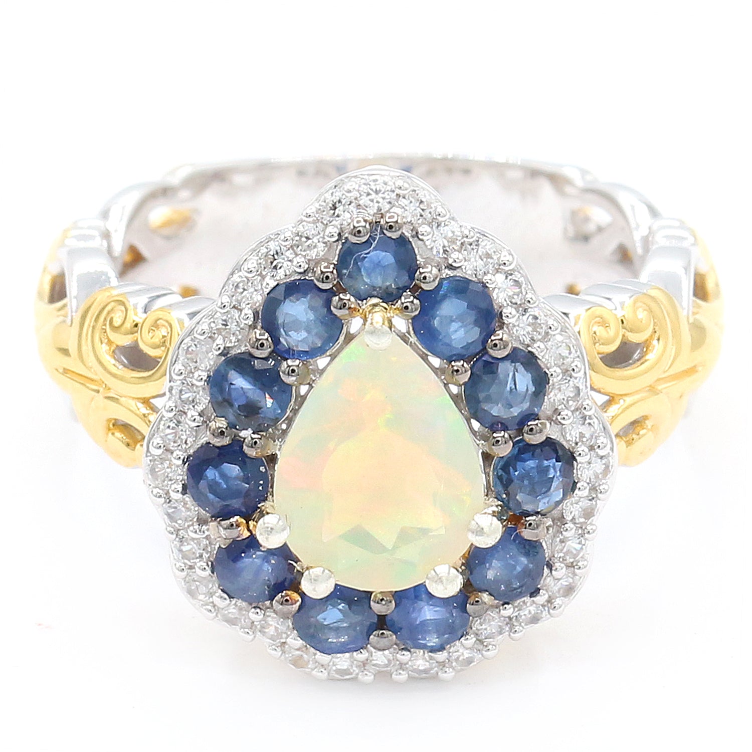 Gems en Vogue 1.62ctw Ethiopian Opal, Blue Sapphire & White Zircon Halo Ring