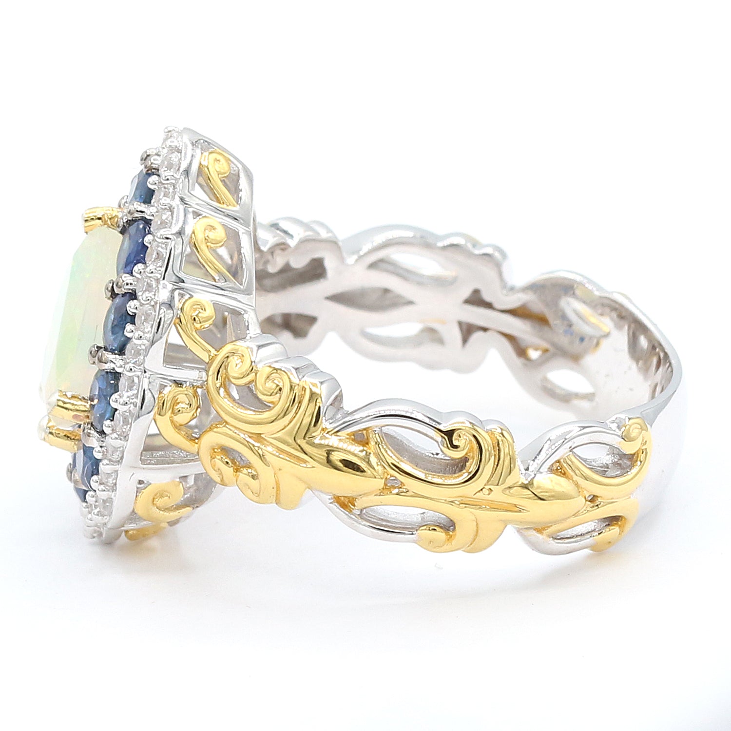 Gems en Vogue One-of-a-kind 1.62ctw Ethiopian Opal, Blue Sapphire & White Zircon Halo Ring