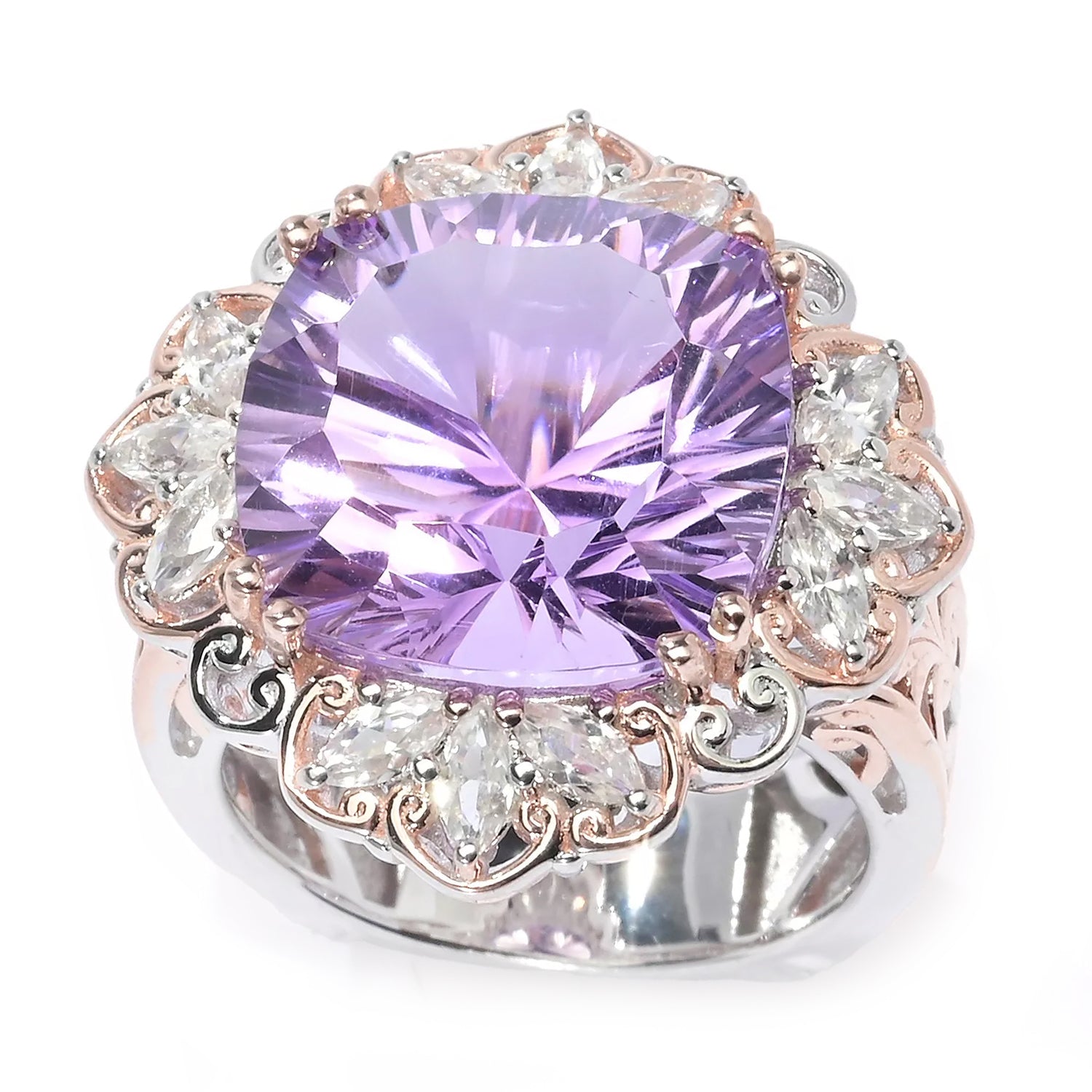 Gems en Vogue 10.96ctw Millennium Cut Pink Amethyst & White Zircon Ring