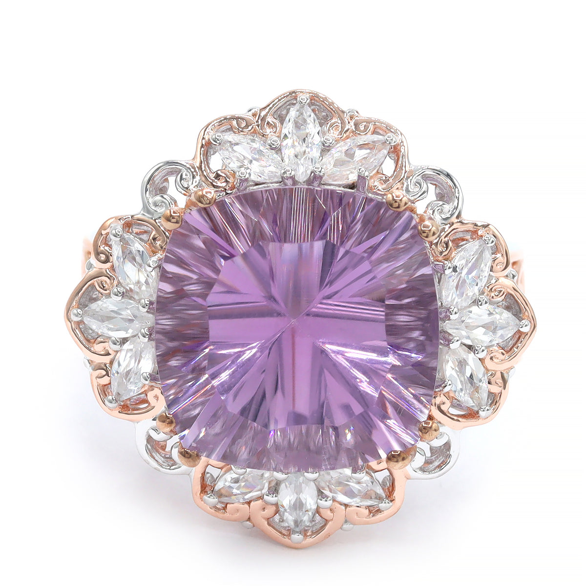 Bague Gems en Vogue en argent rhodié 18K, améthyste rose taille coussin de 4,03 carats et zircons blancs