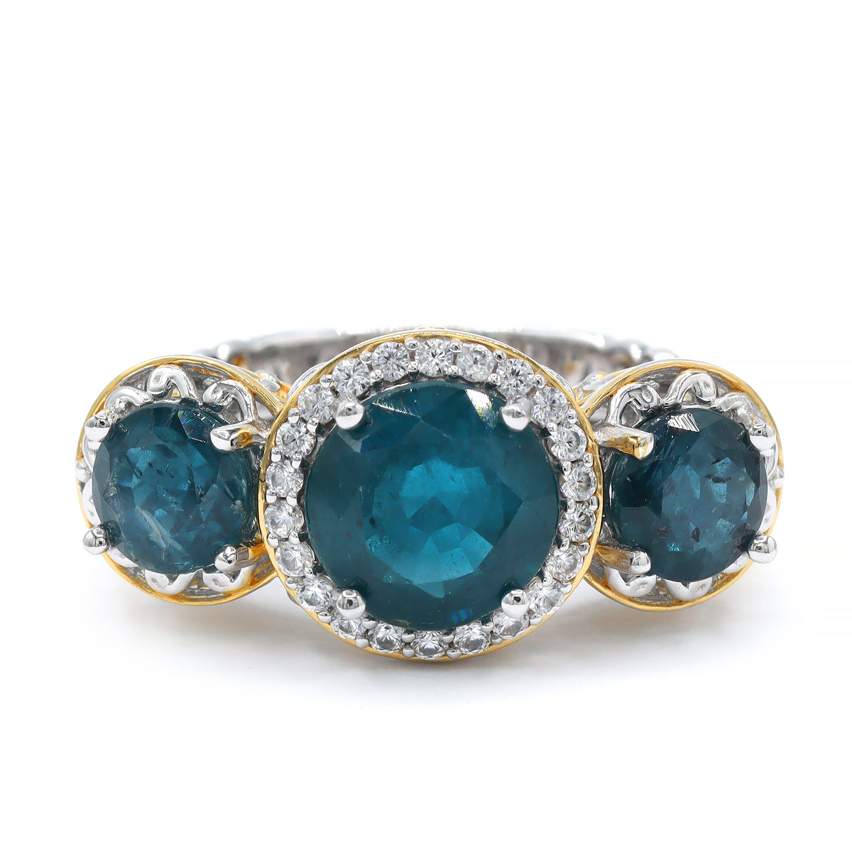 Gems en Vogue 24K Palladium Silver 8.62ctw Teal Kyanite & White Zircon Three Stone Ring