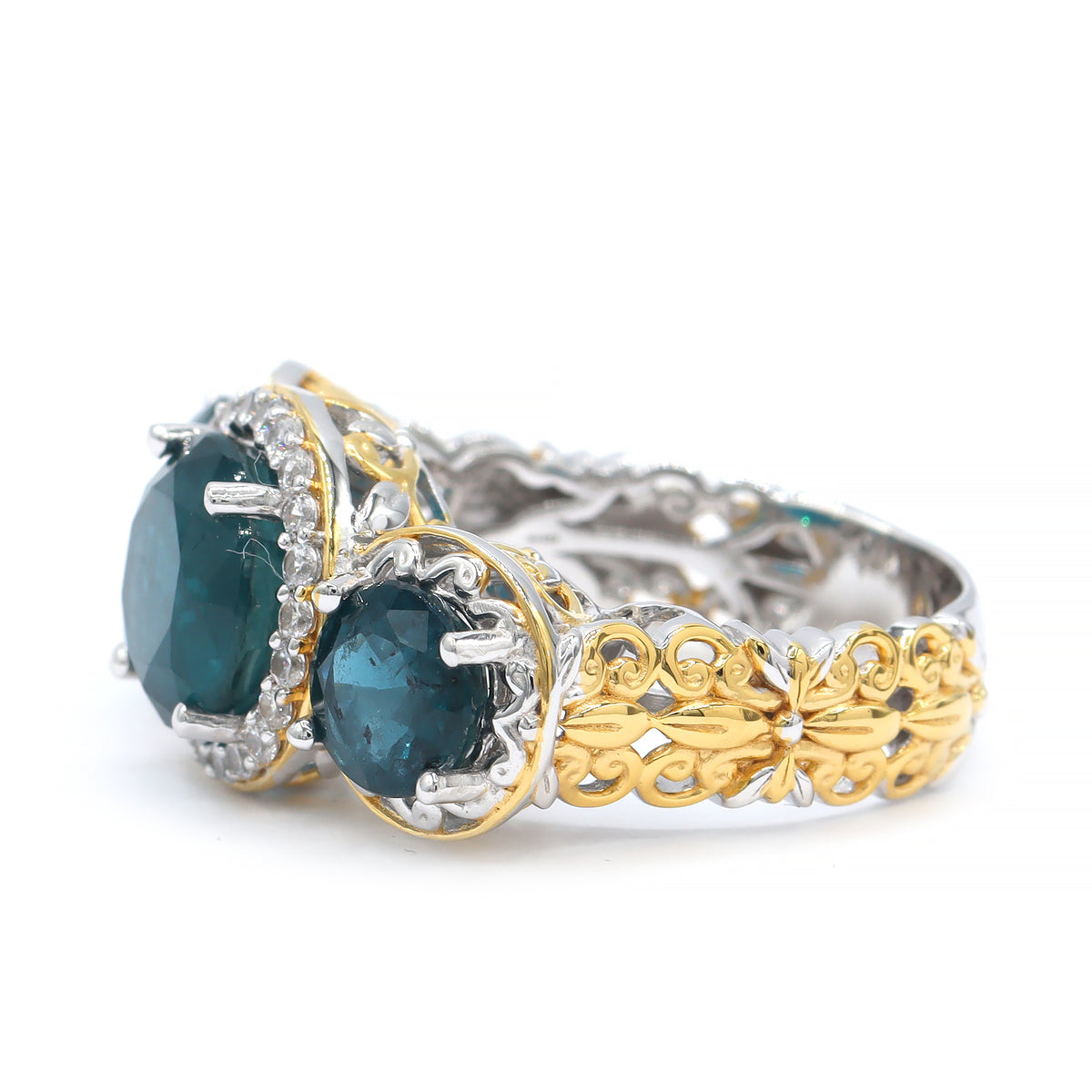 Gems en Vogue 24K Palladium Silver 8.62ctw Teal Kyanite & White Zircon Three Stone Ring