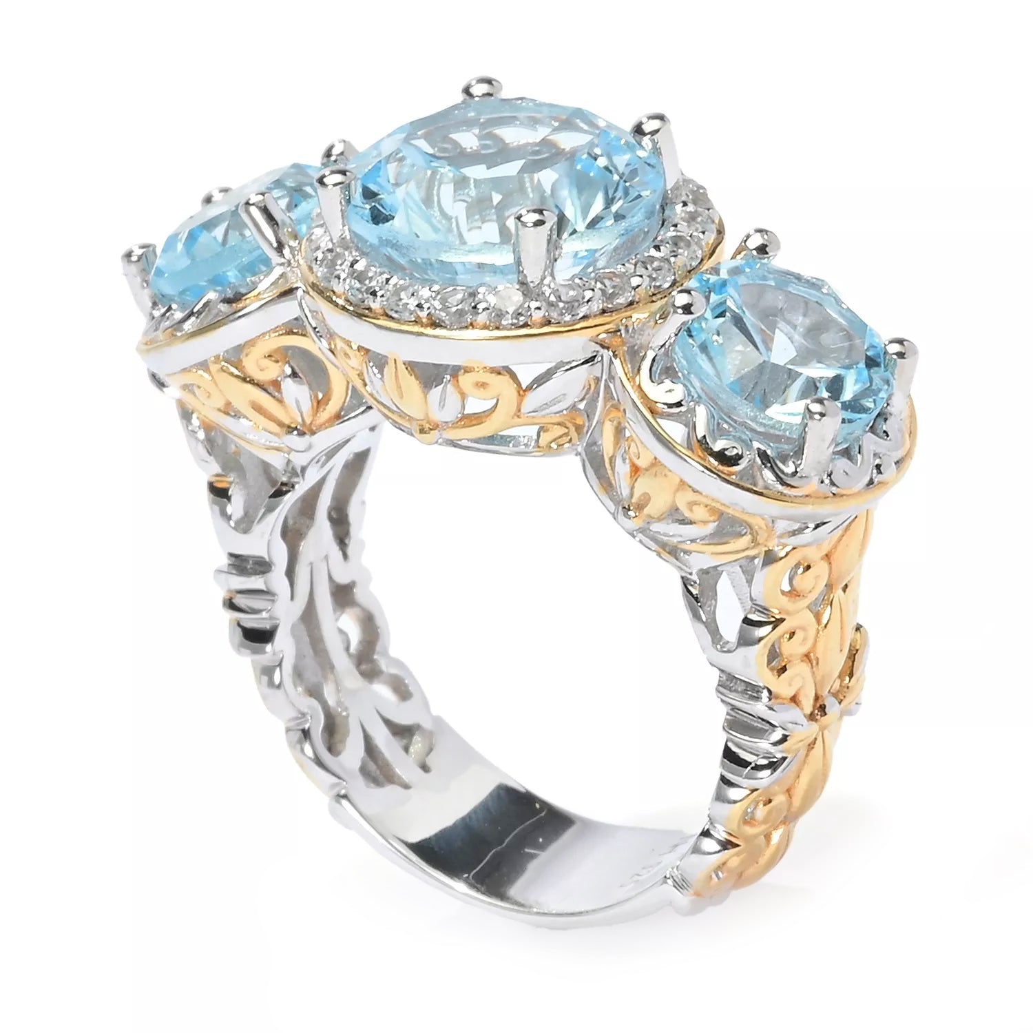 Gems en Vogue 8.08ctw Millennium Cut Blue Topaz & White Zircon Three Stone Ring