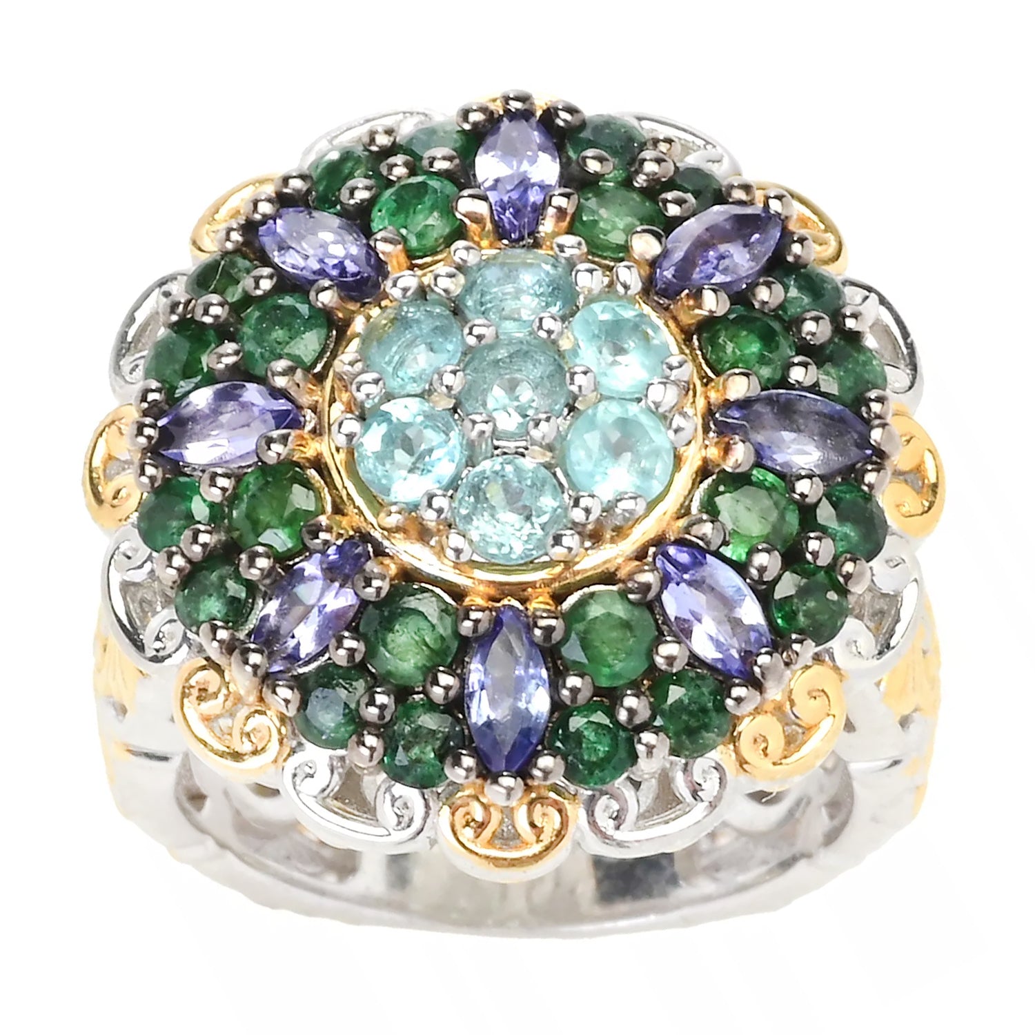 Gems en Vogue 2.98ctw Paraiba Apatite, Tanzanite & Grizzly Emerald Ring