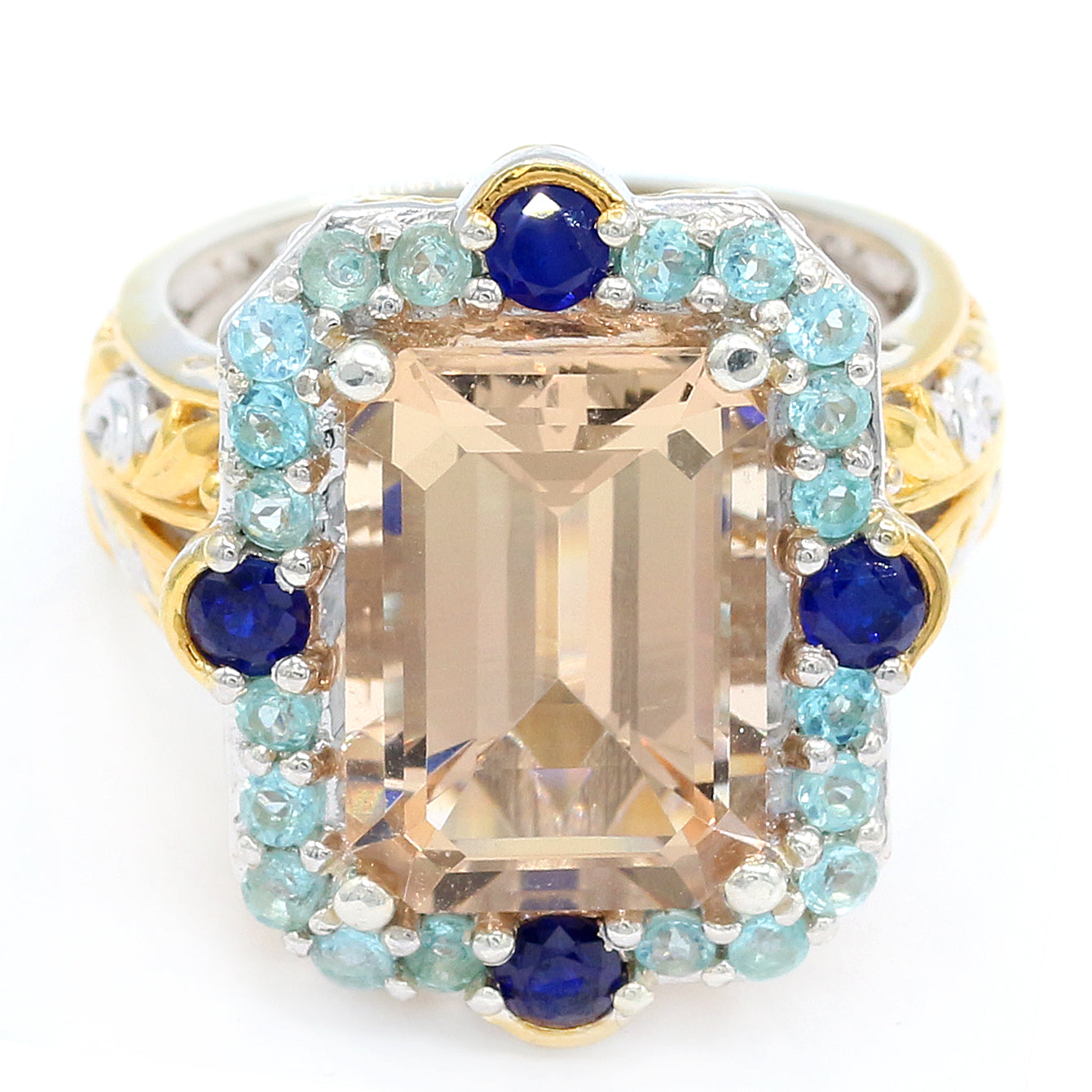 Gems en Vogue 7.49ctw Peach Morganite, Paraiba Apatite & Cobalt Blue Spinel Ring