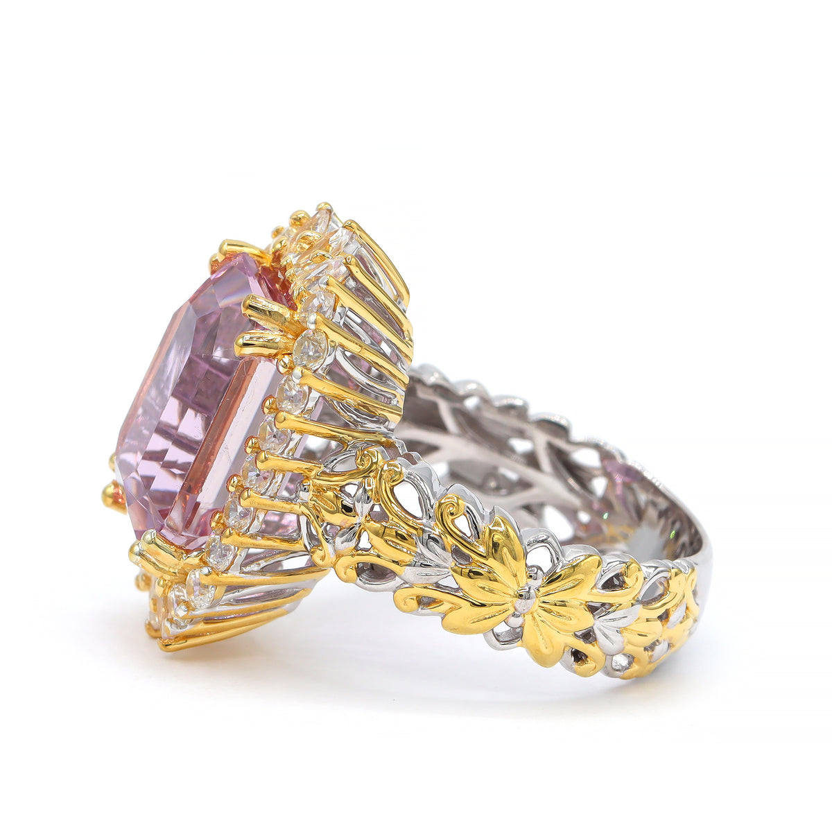 Gems en Vogue One-of-a-Kind 24K Palladium Silver 11.28ctw Pink Kunzite & White Zircon Halo Ring