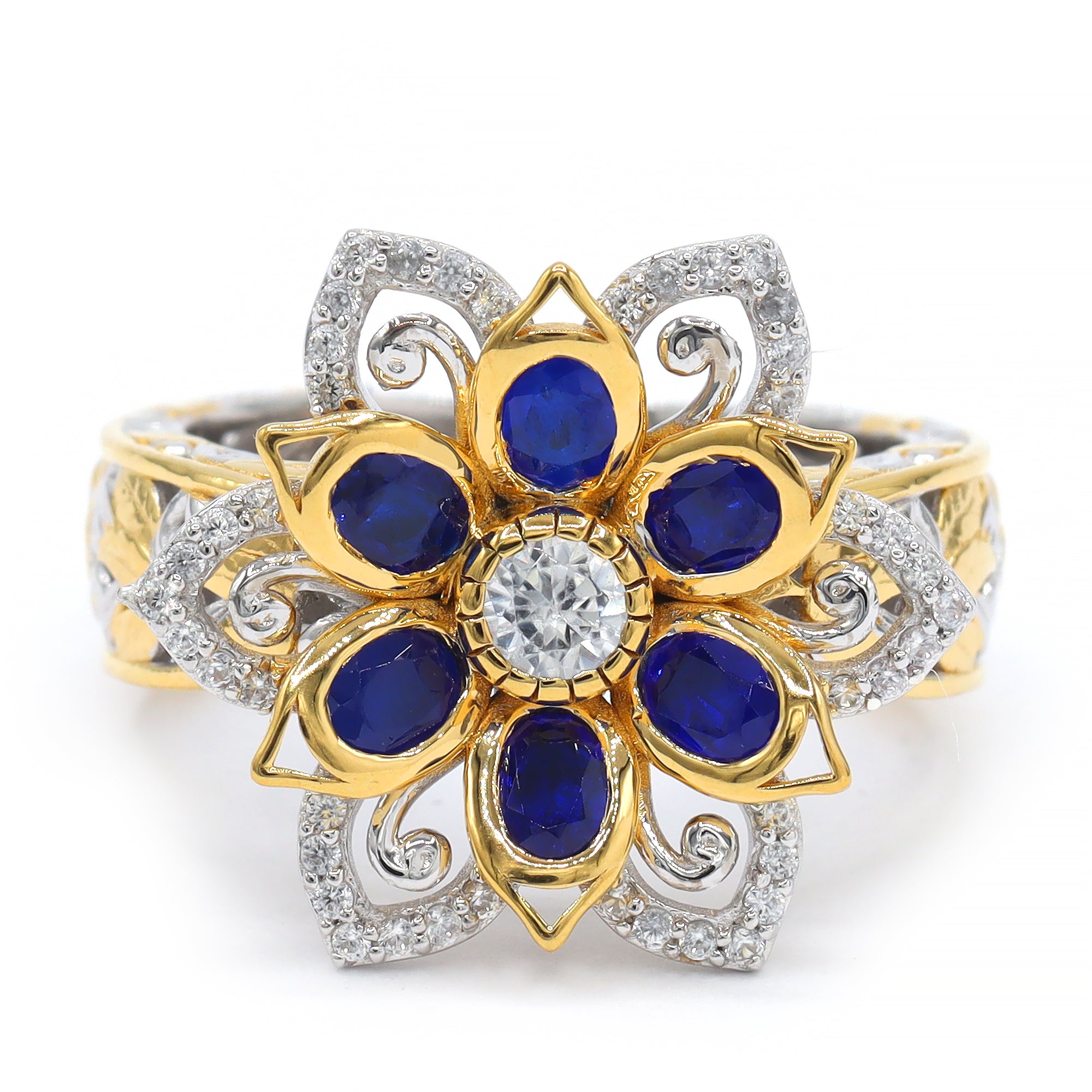 Gems en Vogue One-of-a-Kind 24K Palladium Silver 1.64ctw Cobalt Blue Spinel & White Zircon Flower Ring