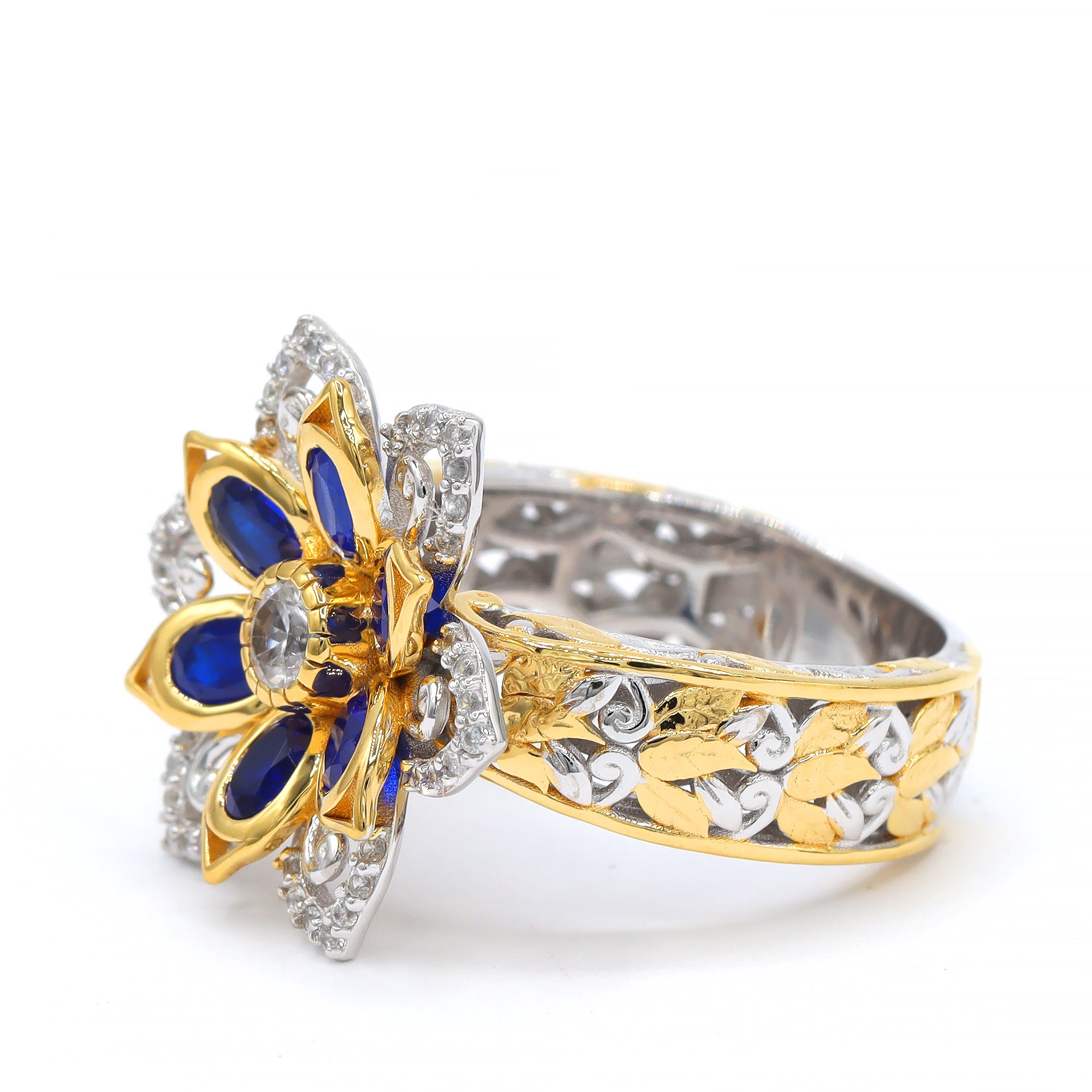 Gems en Vogue One-of-a-Kind 24K Palladium Silver 1.64ctw Cobalt Blue Spinel & White Zircon Flower Ring