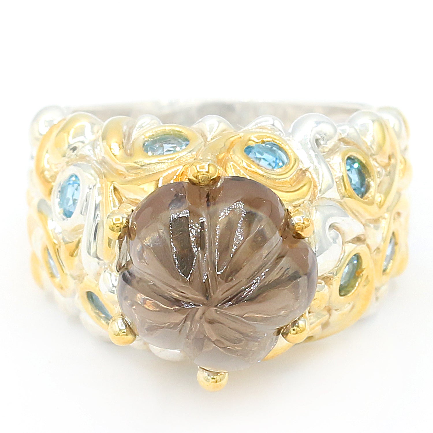 Michael's Originals One-of-a-kind Carved Flower Smoky Quartz & Tanzanian Aquamarine Ring