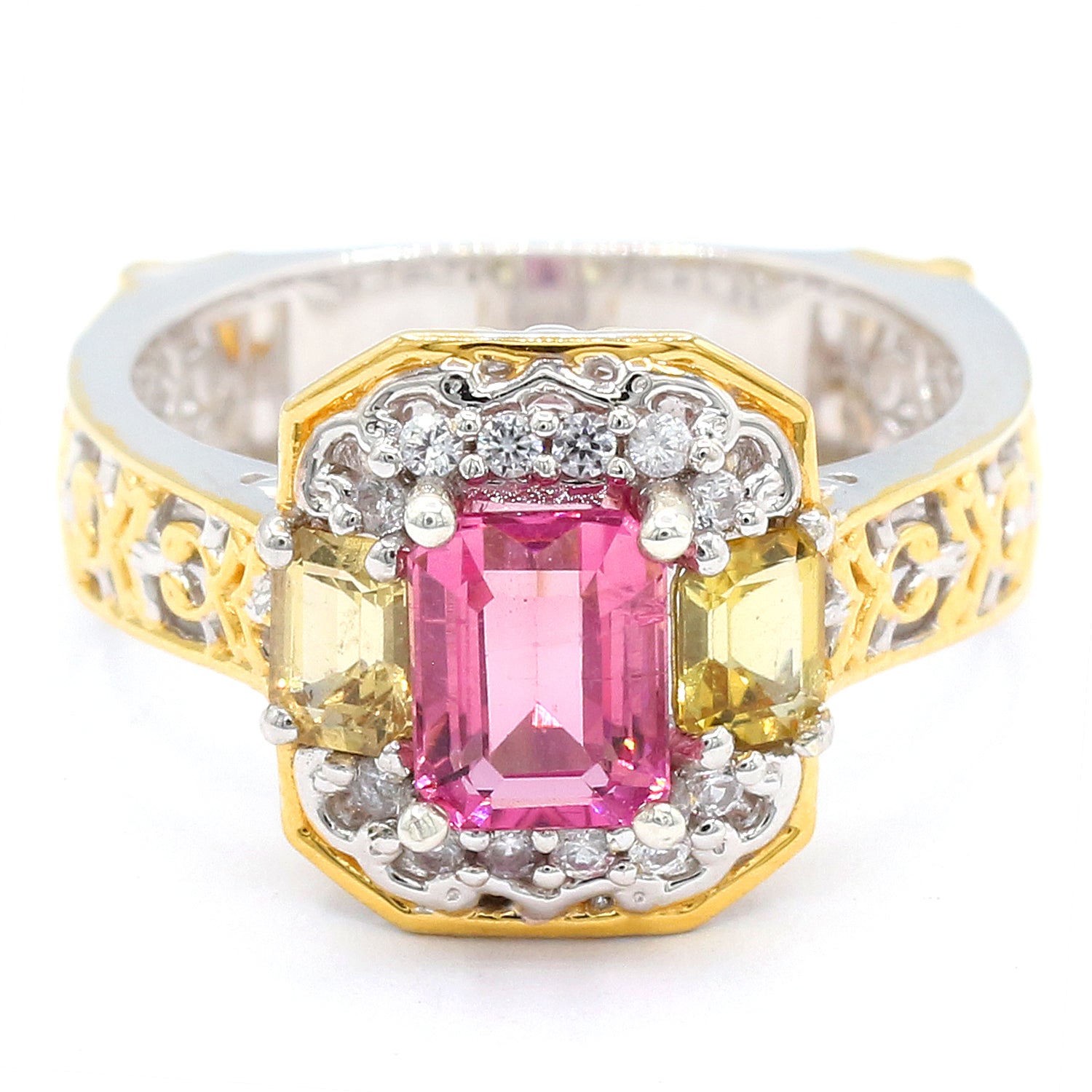 Gems en Vogue 3.03ctw Pink Tourmaline, Savannah Tourmaline & White Zircon Ring