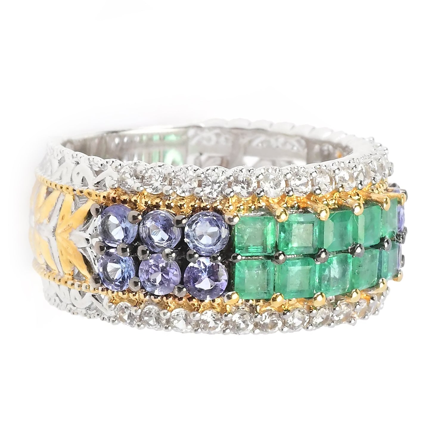 Gems en Vogue 2.35ctw Grizzly Emerald, Tanzanite & White Zircon Band Ring