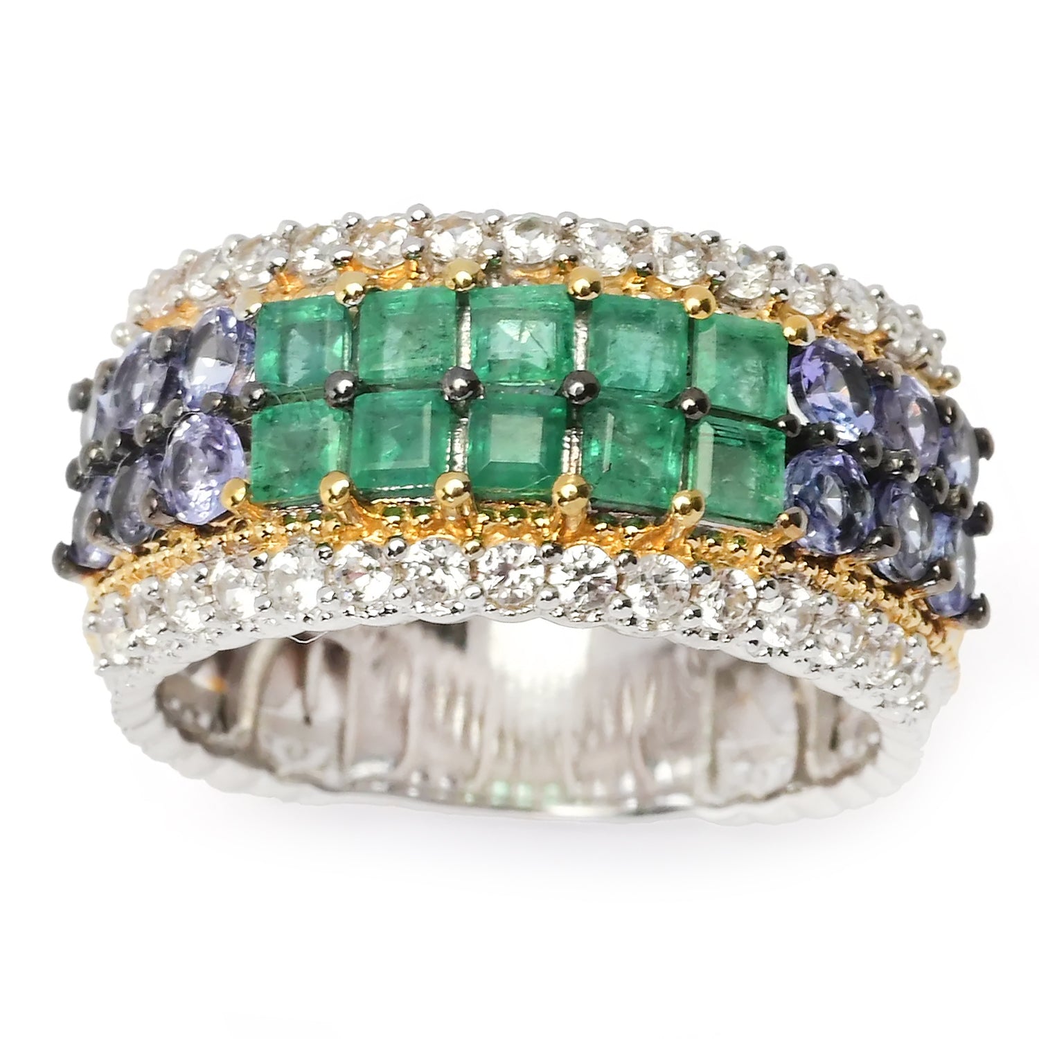 Gems en Vogue 2.35ctw Grizzly Emerald, Tanzanite & White Zircon Band Ring