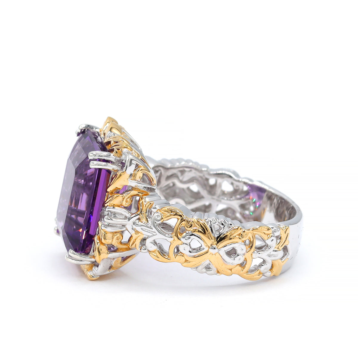Bague Gems en Vogue modèle unique en argent rhodié 18K avec améthyste de Tanzanie 7,37 carats, saphir rose et zircon blanc