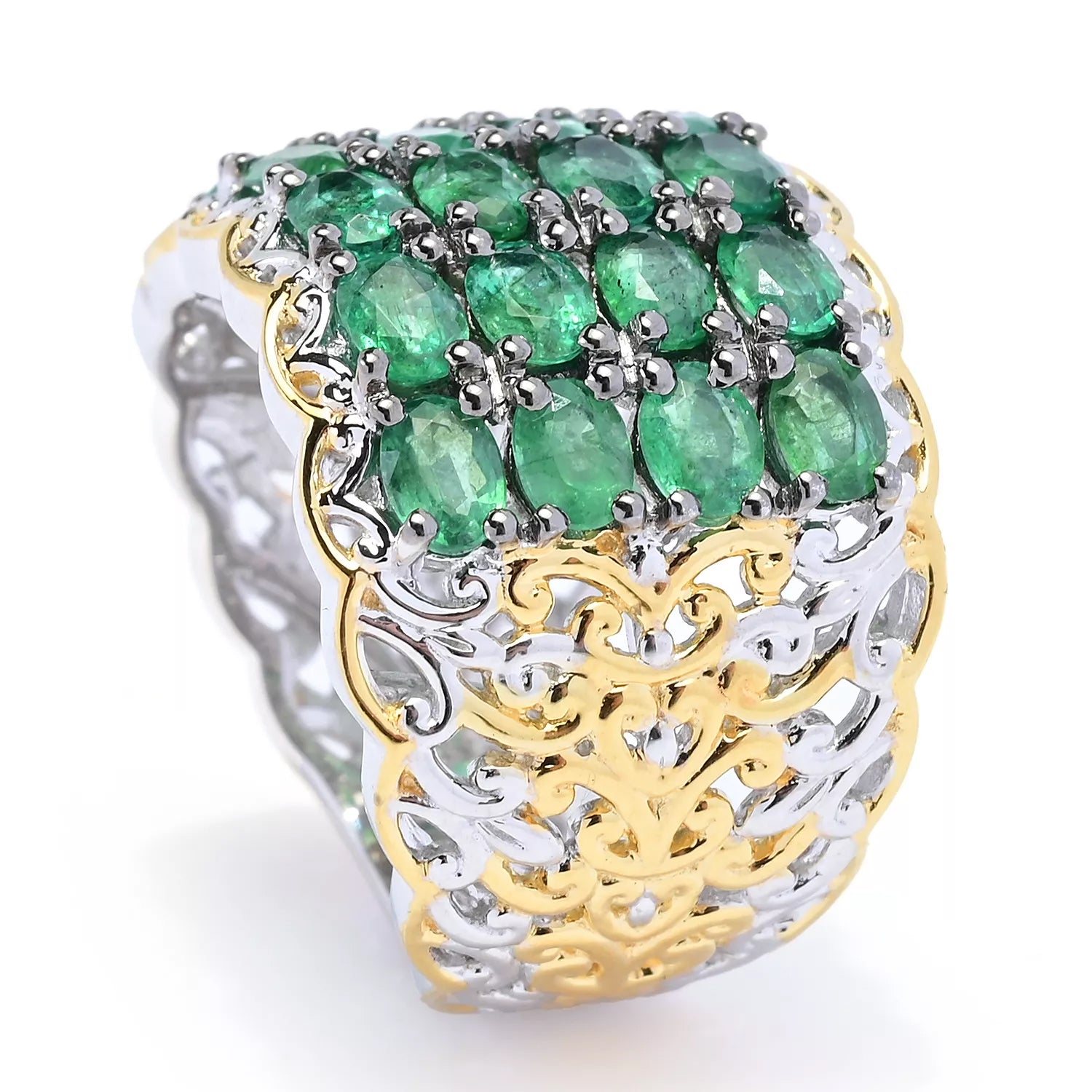 Gems en Vogue 3.12ctw Grizzly Emerald Four Row Wide Band Ring