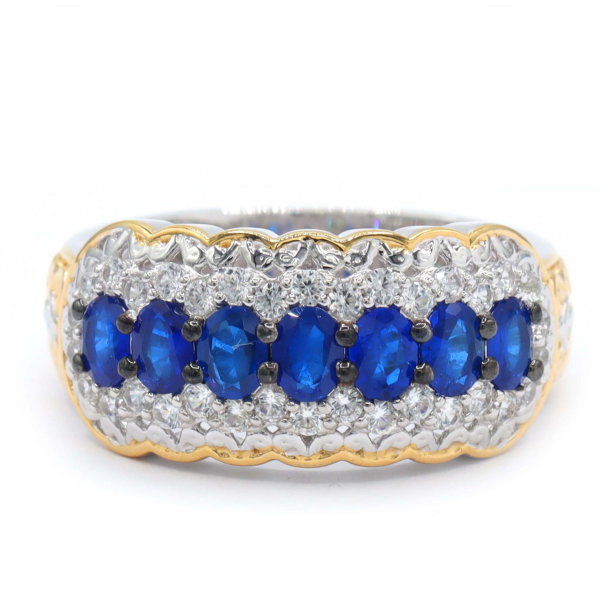 Bague double rangée Gems en Vogue, pièce unique, en argent et palladium 24 carats avec spinelle bleu cobalt de 2,38 carats
