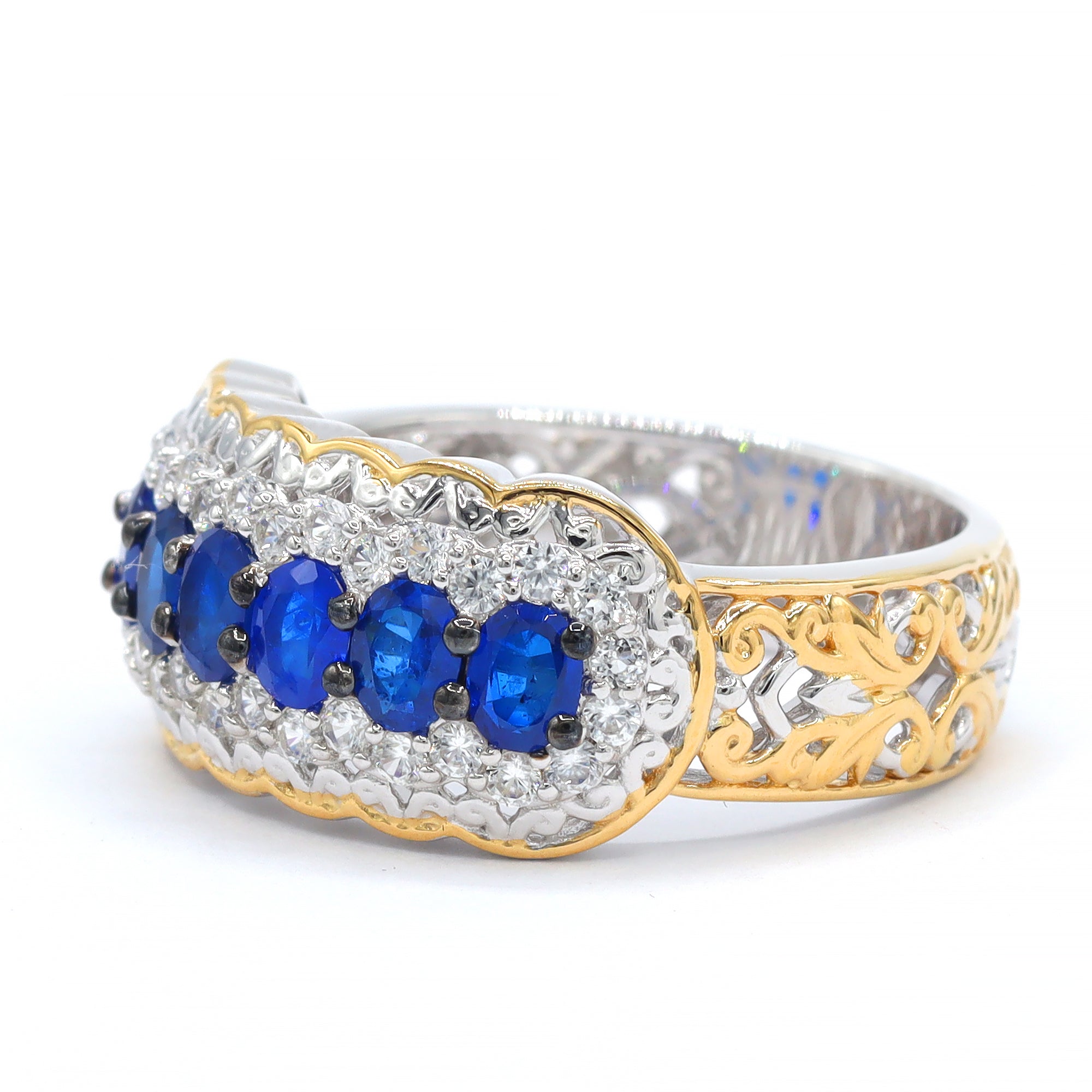 Bague double rangée Gems en Vogue, pièce unique, en argent et palladium 24 carats avec spinelle bleu cobalt de 2,38 carats