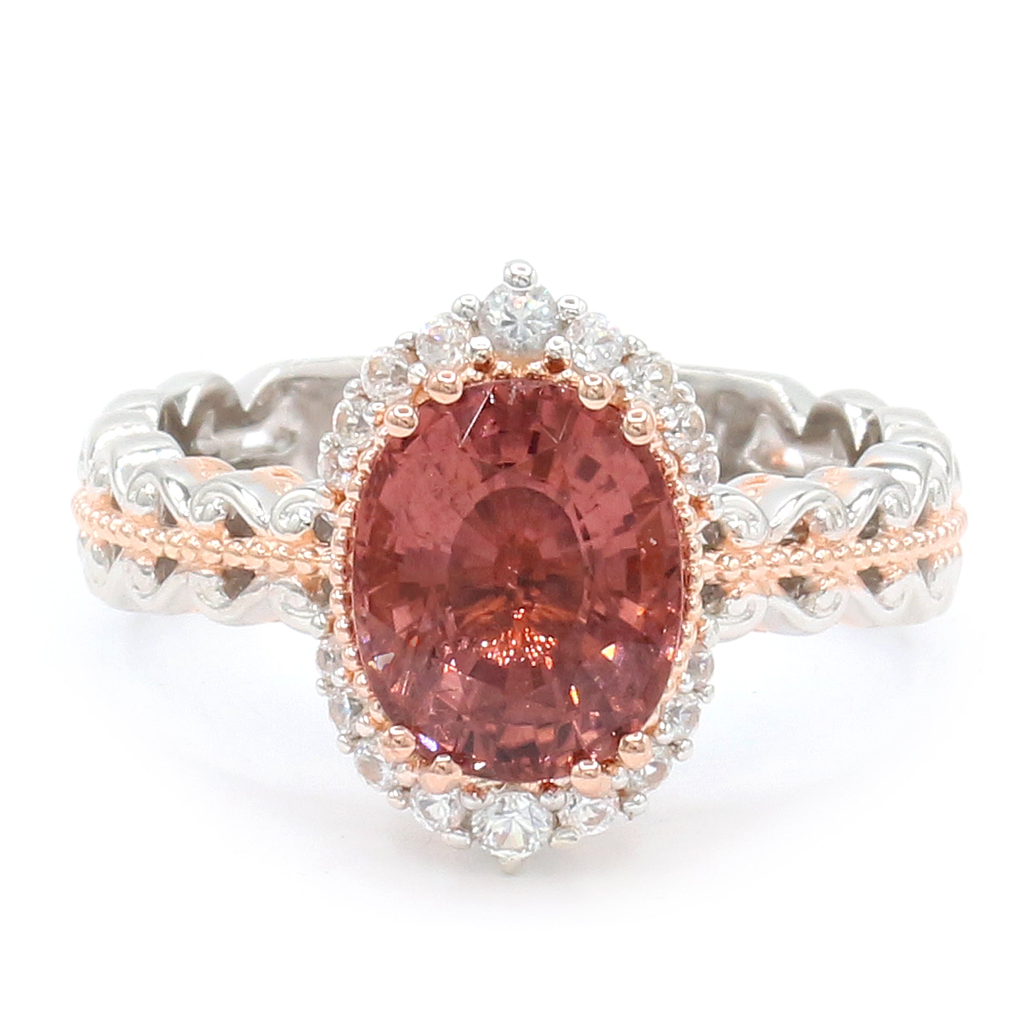 Couture Gems One-of-a-Kind 18K Palladium Silver 4.82ctw Sunset Tourmaline & White Zircon Halo Ring