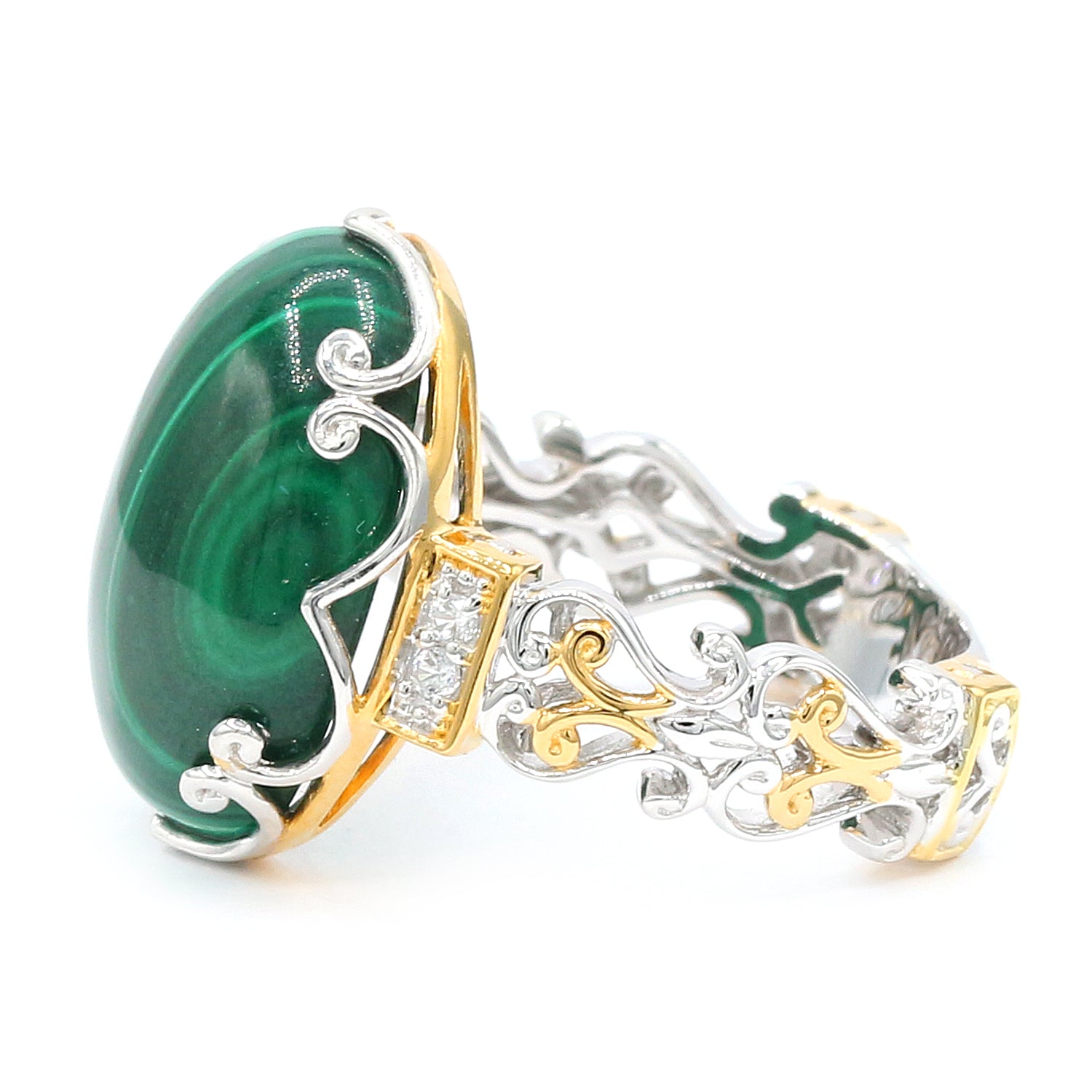 Gems en Vogue 24K Palladium Silver Malachite & White Zircon Ring