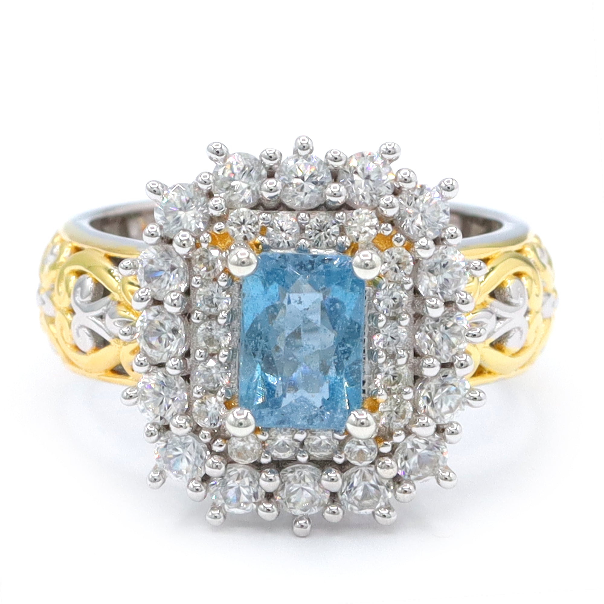 Gems en Vogue One-of-a-Kind 24K Palladium Silver 2.94ctw Tanzanian Aquamarine & White Zircon Double Halo Ring