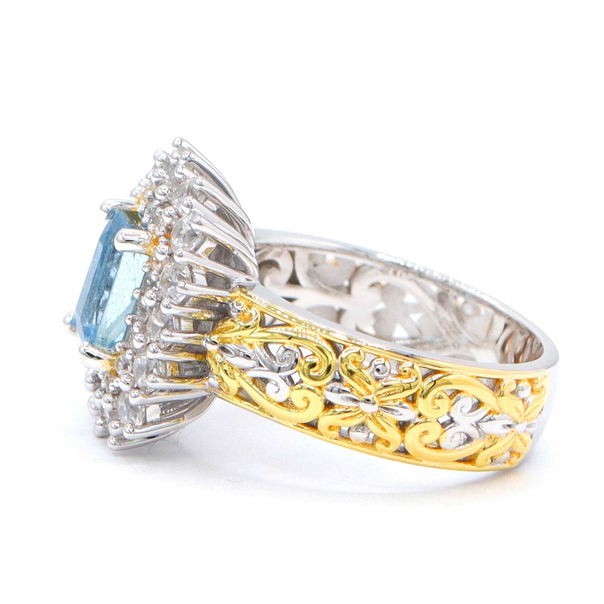 Gems en Vogue One-of-a-Kind 24K Palladium Silver 2.94ctw Tanzanian Aquamarine & White Zircon Double Halo Ring