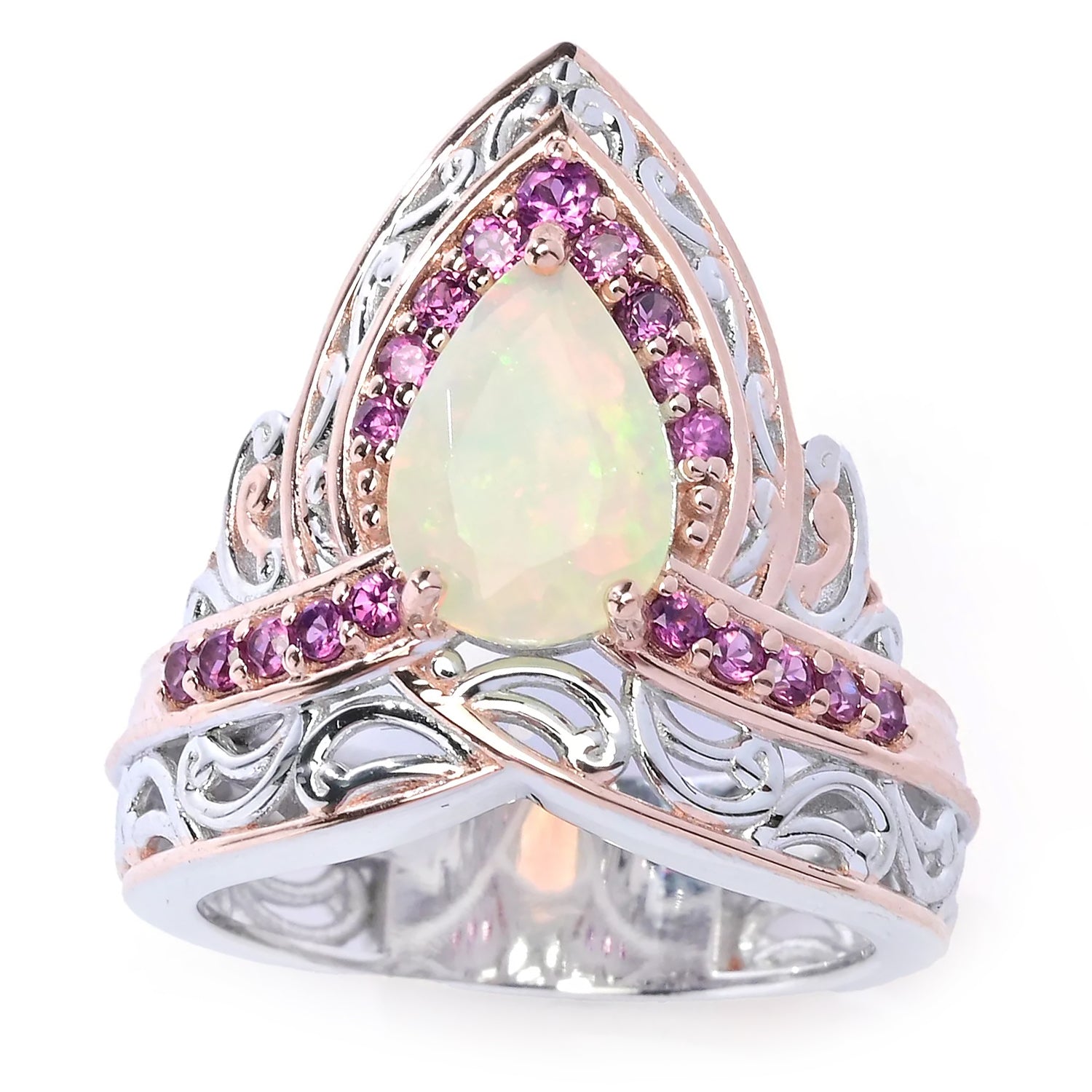 Gems en Vogue 1.43ctw Pear Shape Ethiopian Opal & Rhodolite Garnet Ring