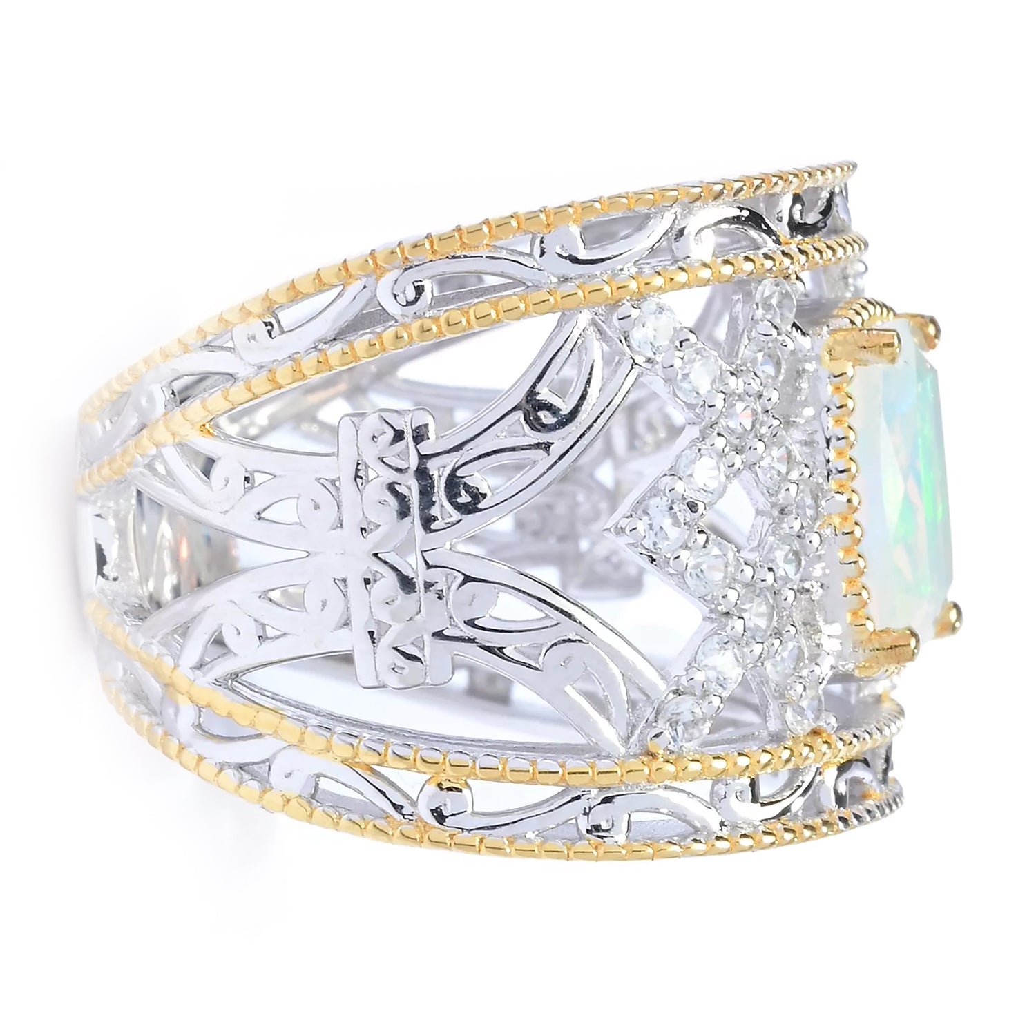 Gems en Vogue 2.06ctw Ethiopian Opal & White Zircon Wide Band Ring