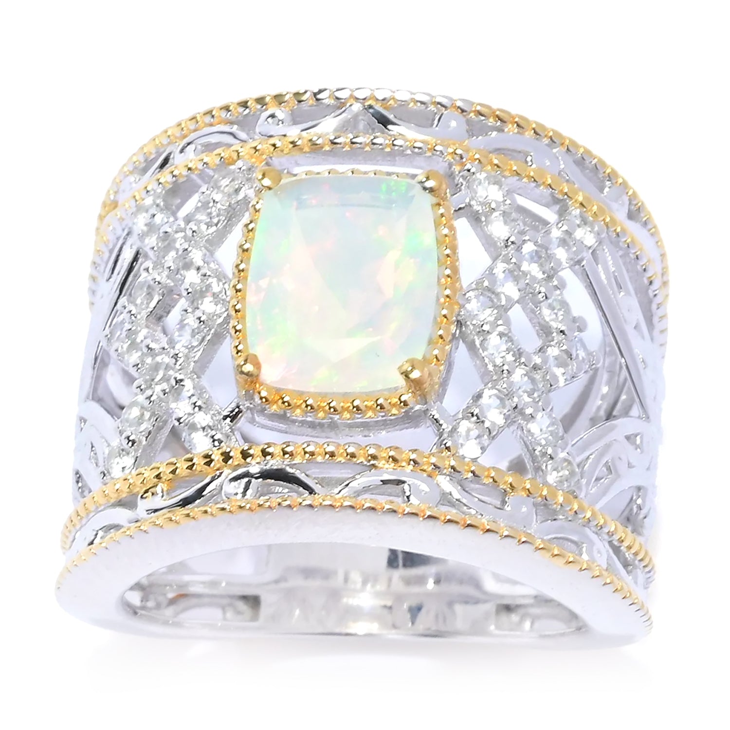 Gems en Vogue 2.06ctw Ethiopian Opal & White Zircon Wide Band Ring