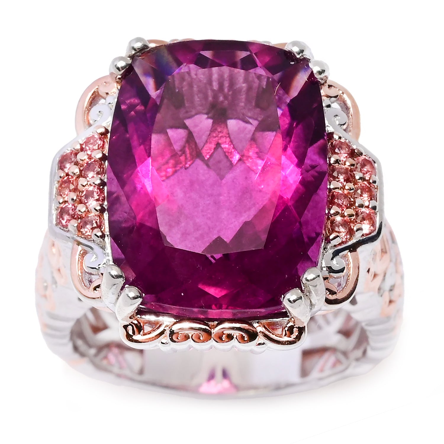 Gems en Vogue 12.23ctw Fuchsia Pink Fluorite & Padparadscha Sapphire Ring