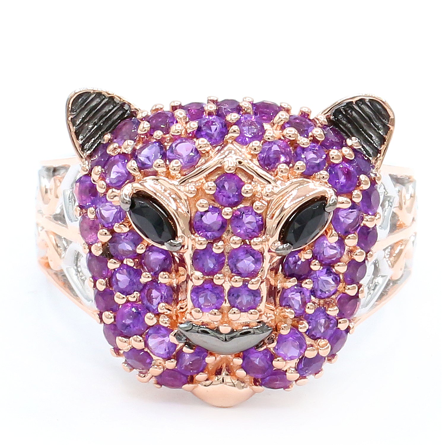 Gems en Vogue 2.72ctw African Amethyst & Black Spinel Panther Ring