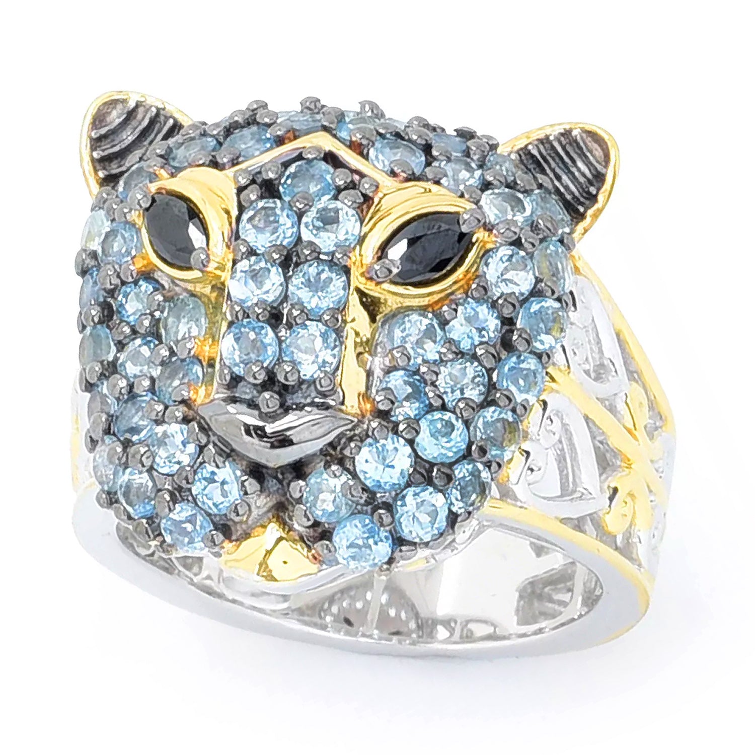 Gems en Vogue 2.36ctw Aquamarine & Black Spinel Panther Ring