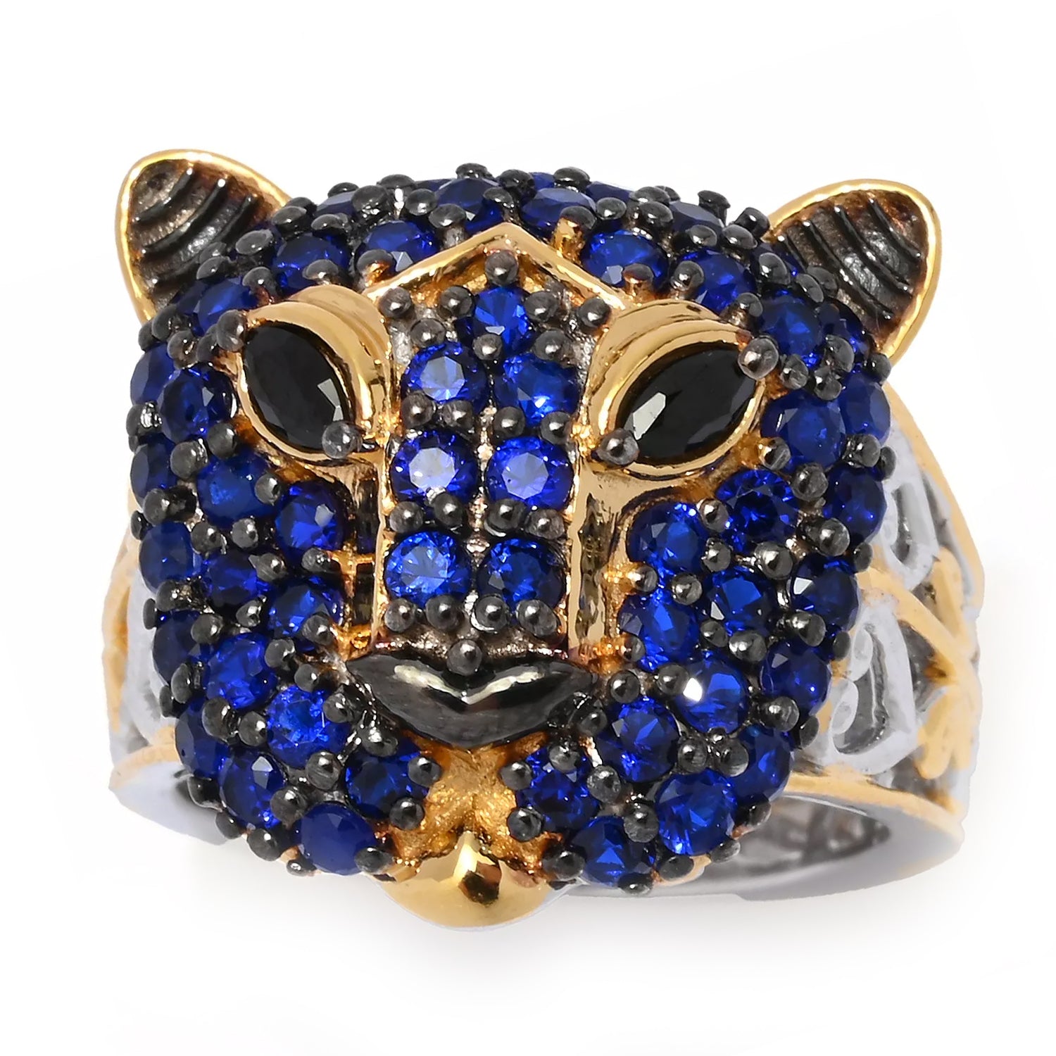 Gems en Vogue 2.36ctw Cobalt Blue Spinel & Black Spinel Panther Ring