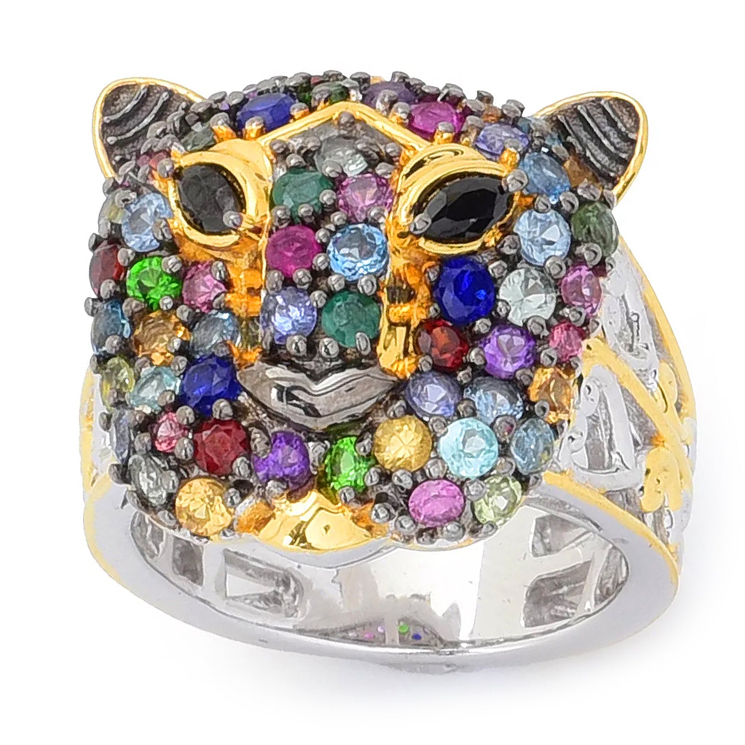 Gems en Vogue 2.52ctw Rare Multi Gemstones Panther Head Ring