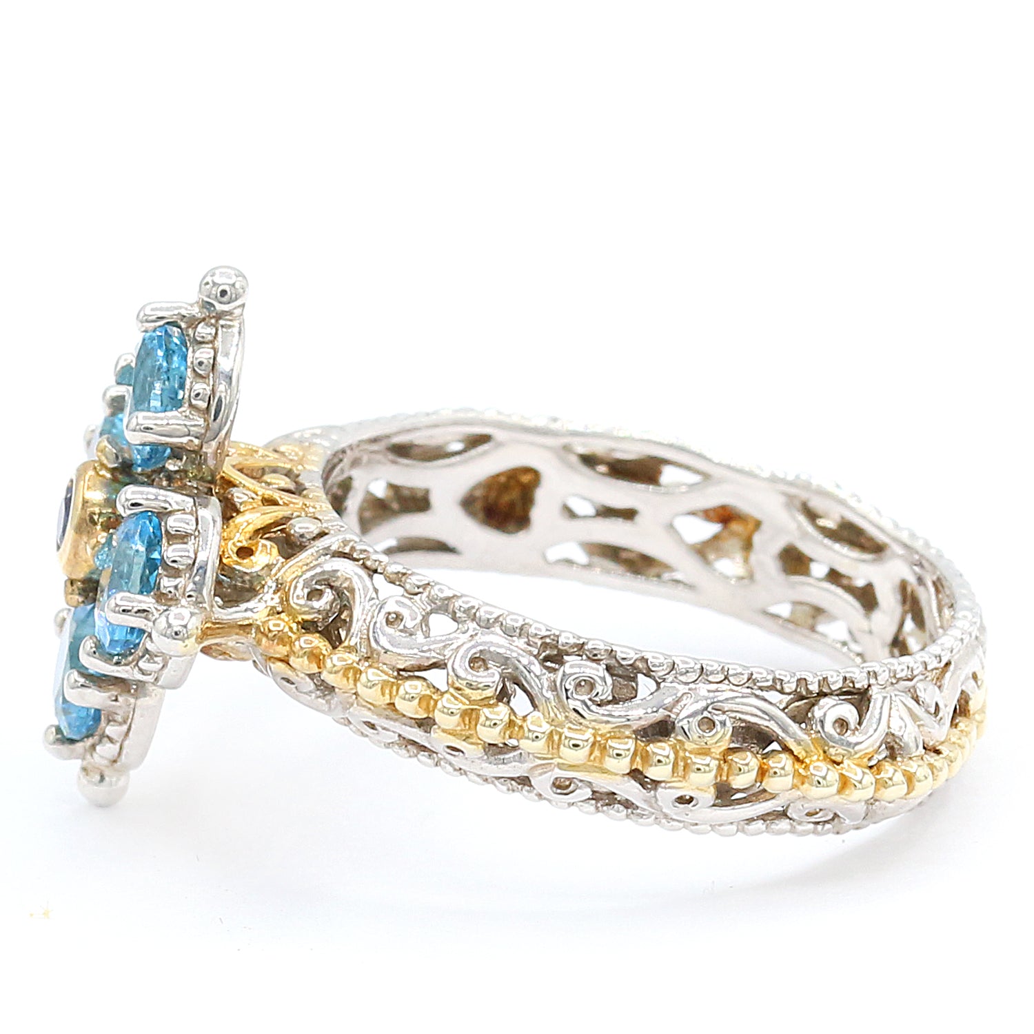 Gems en Vogue 1.03ctw Swiss Blue Topaz & Blue Sapphire Flower Ring CANNOT BE RESIZED