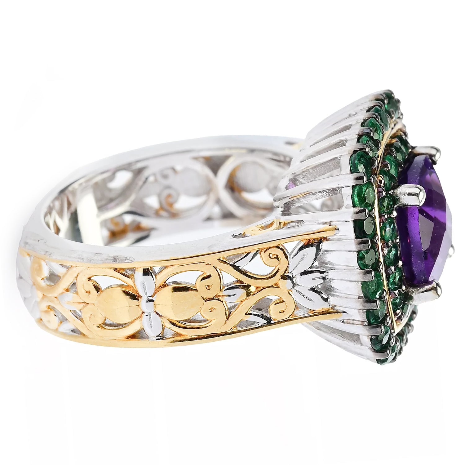 Gems en Vogue 3.18ctw Cushion Shape Dark Amethyst & Grizzly Emerald Double Halo Ring