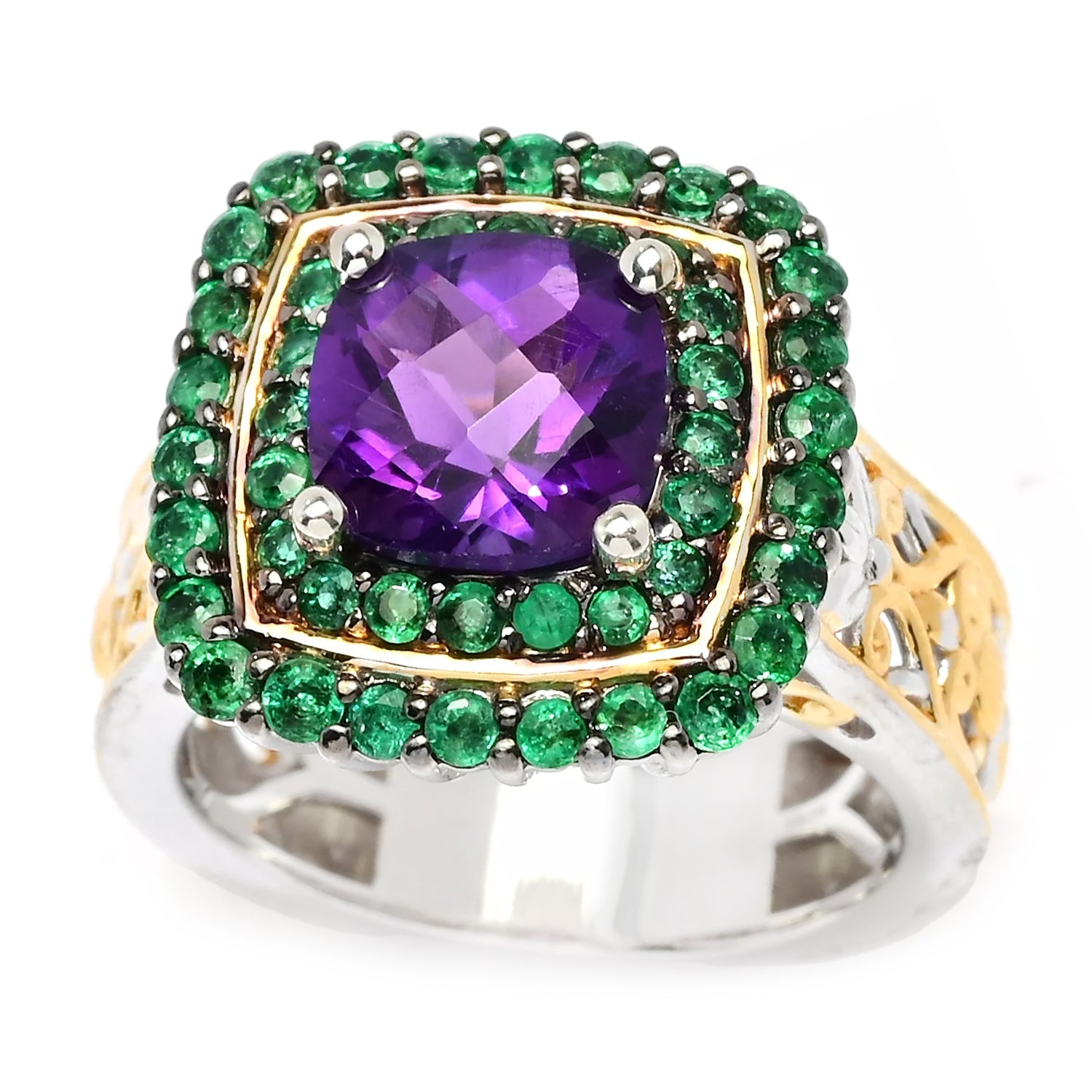 Gems en Vogue 3.18ctw Cushion Shape Dark Amethyst & Grizzly Emerald Double Halo Ring