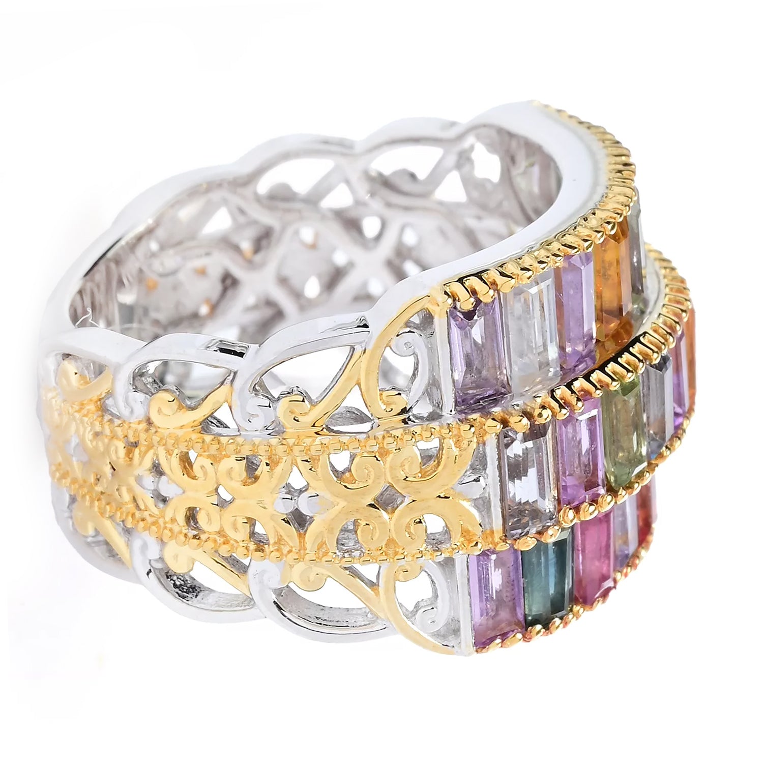 Gems en Vogue 3.84ctw Baguette Multi Color Sapphire Ring