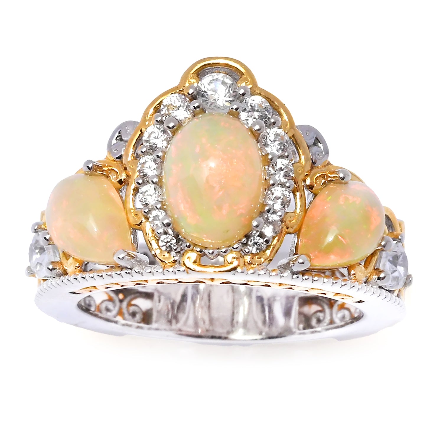 Gems en Vogue Ethiopian Opal & White Zircon Crown Ring