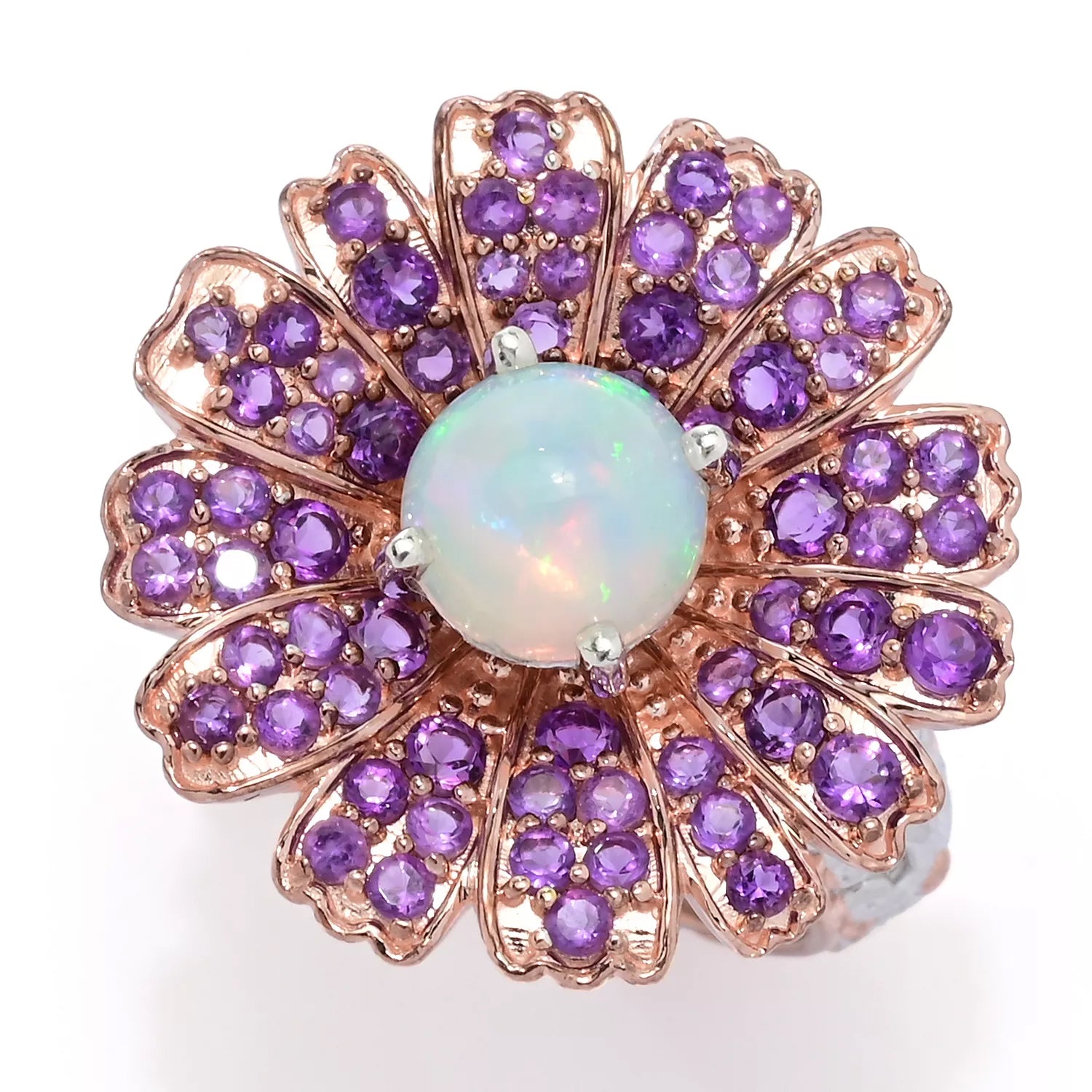 Gems en Vogue Ethiopian Opal & Amethyst Daisy Flower Ring