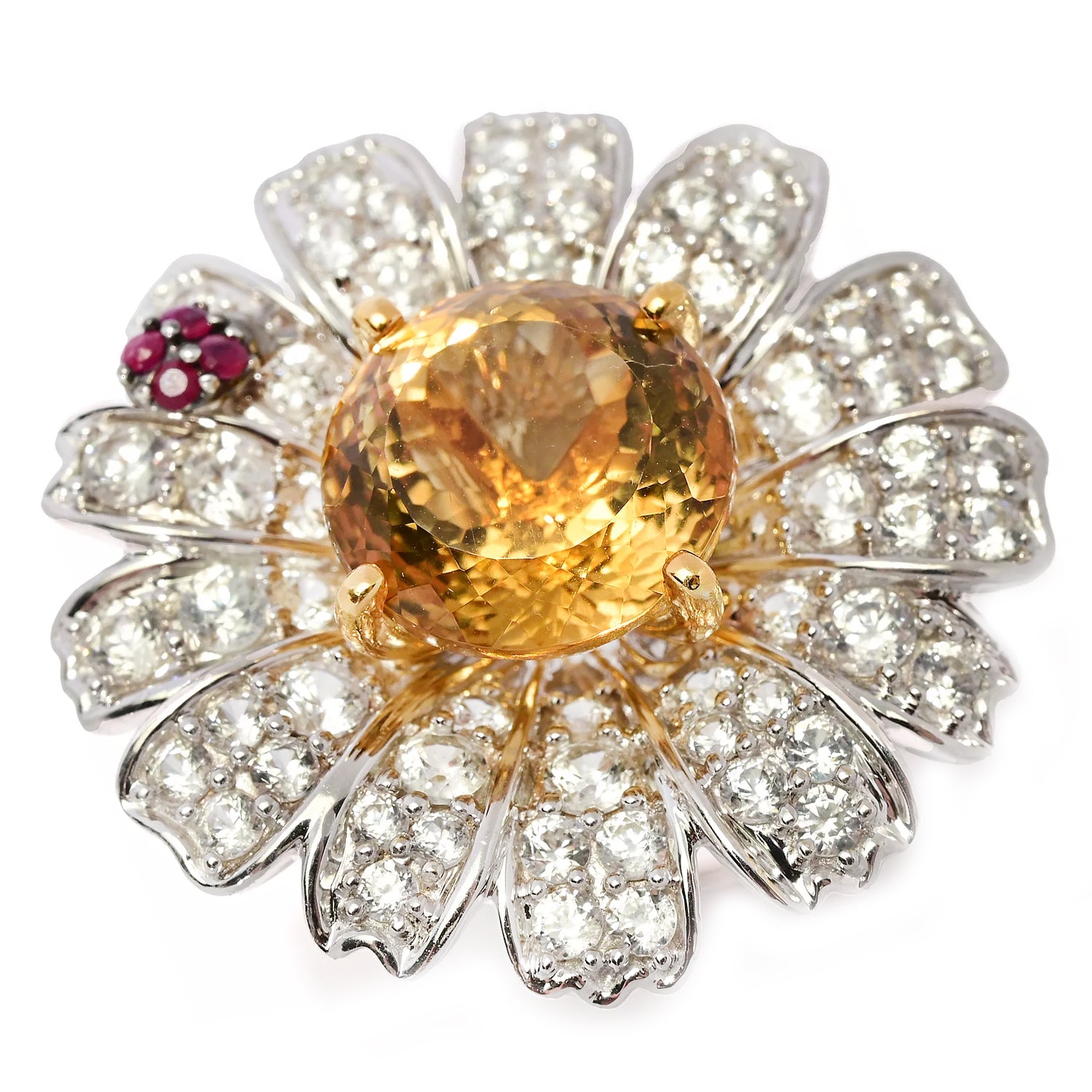 Gems en Vogue 11.30ctw Cento Canary Citrine, Ruby & White Zircon Daisy Ladybug Flower Ring