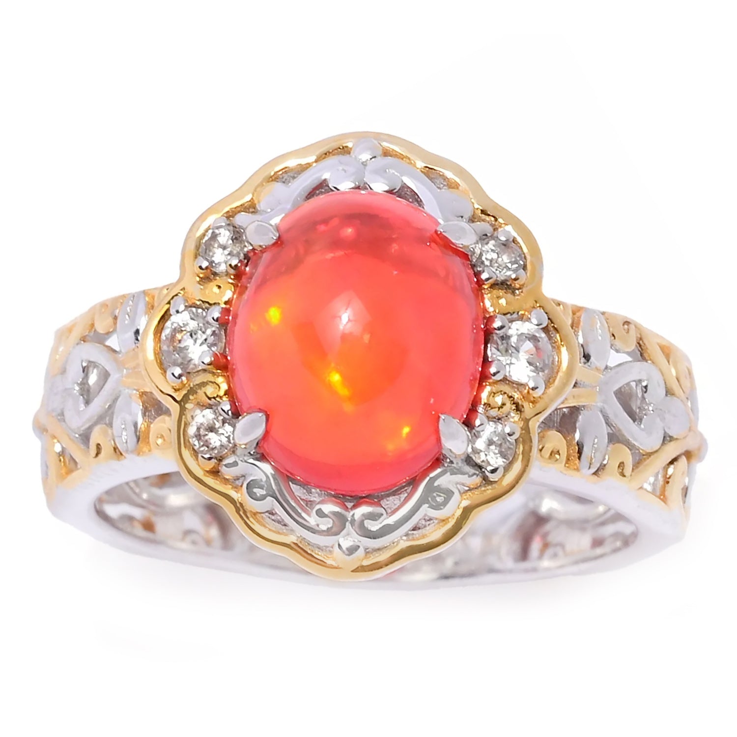 Gems en Vogue Dyed Orange Ethiopian Opal & White Zircon Ring