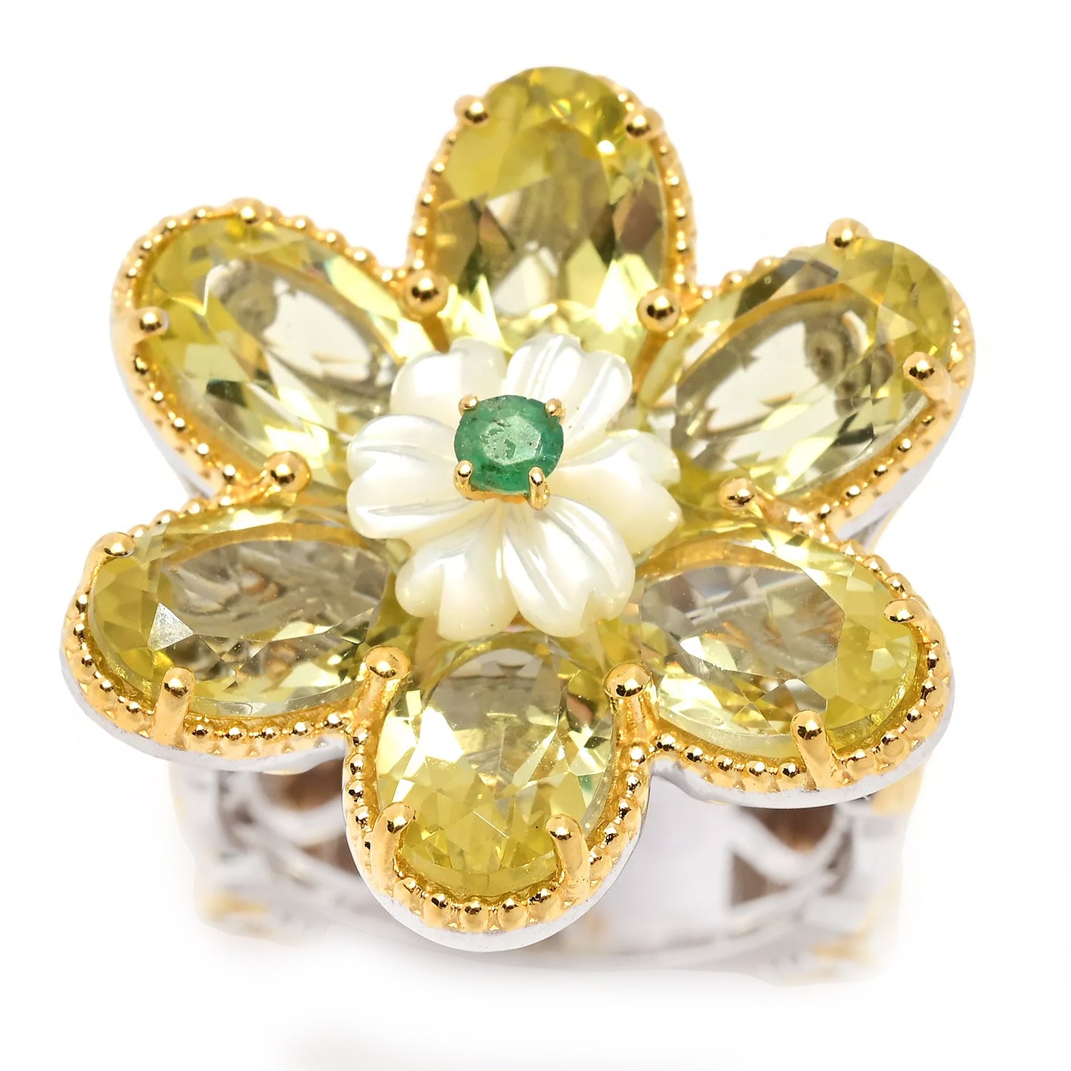 Gems en Vogue 8.22ctw Ouro Verde, Mother-of-Pearl & Emerald Flower Ring