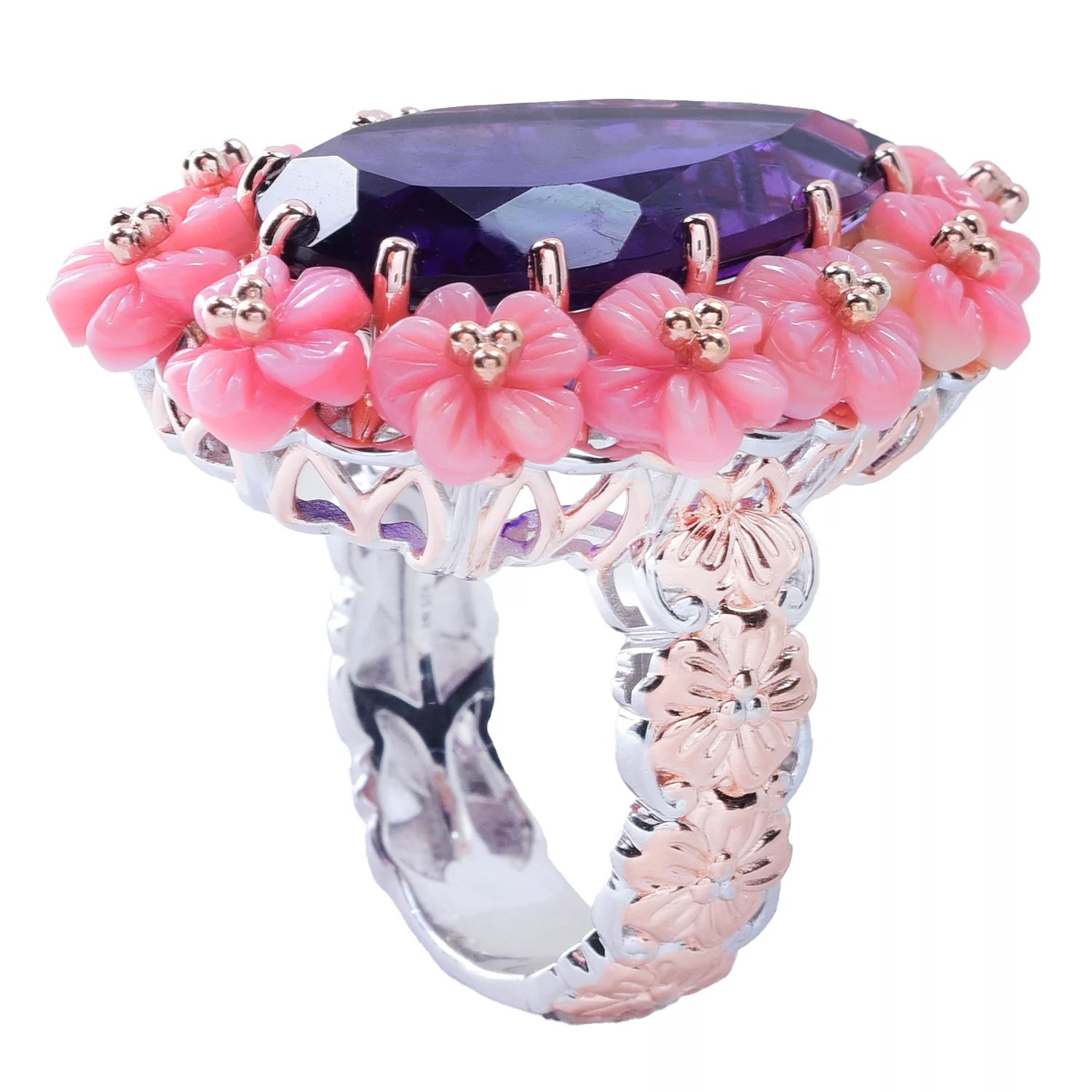 Gems en Vogue 10.53ctw African Amethyst & Pink Conch Shell Flower Ring