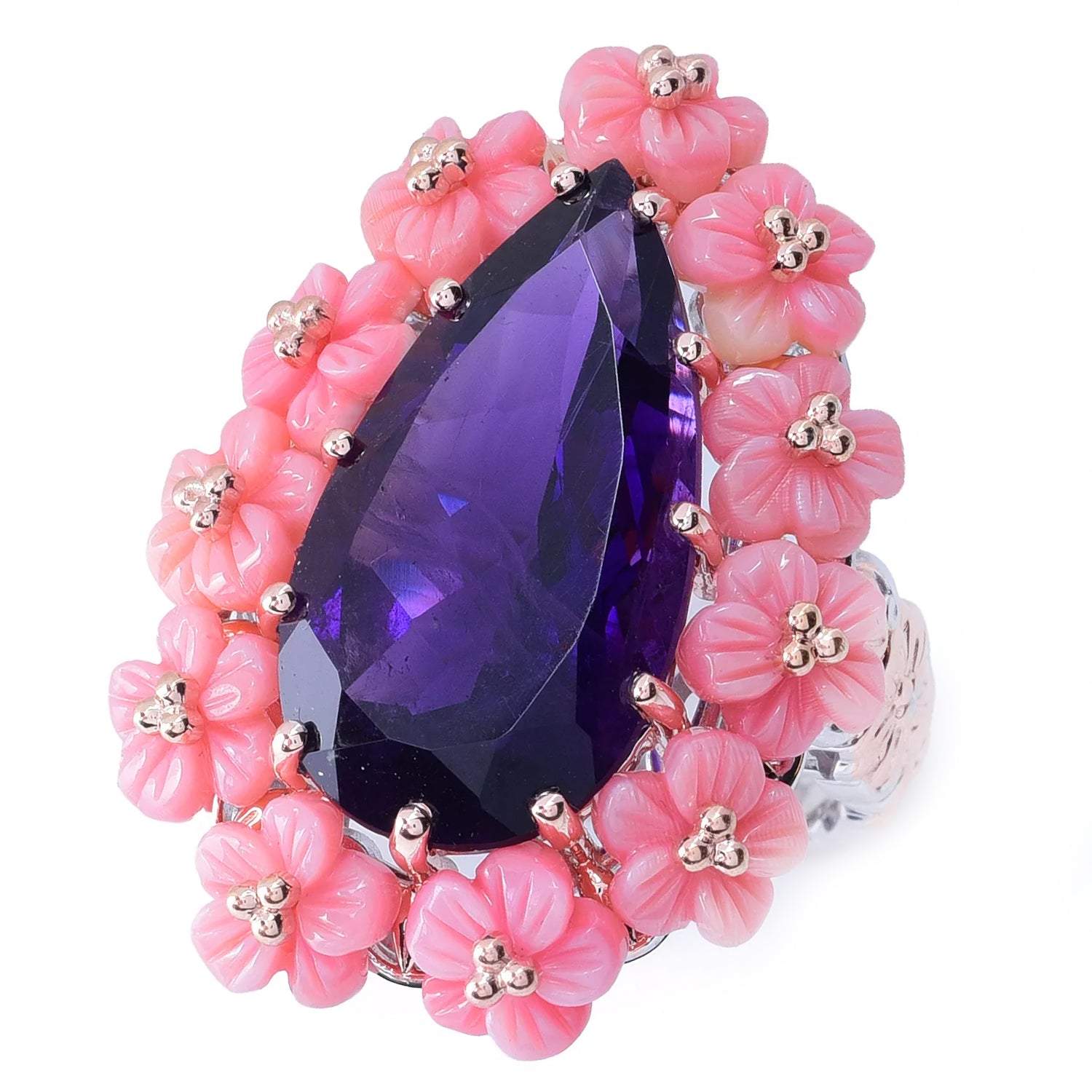 Gems en Vogue 10.53ctw African Amethyst & Pink Conch Shell Flower Ring