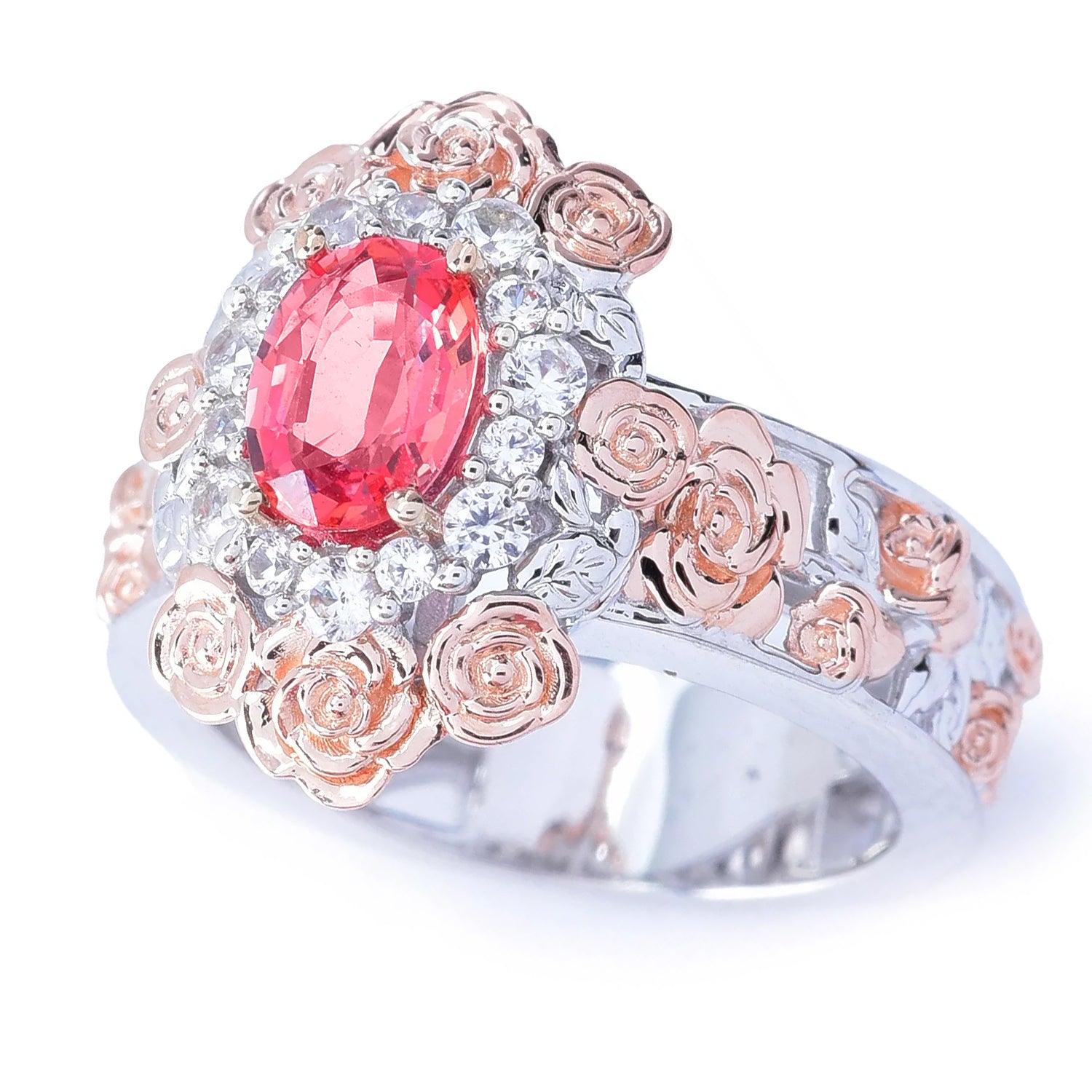 Gems en Vogue 1.77ctw Padparadscha Sapphire & White Zircon Flower Ring