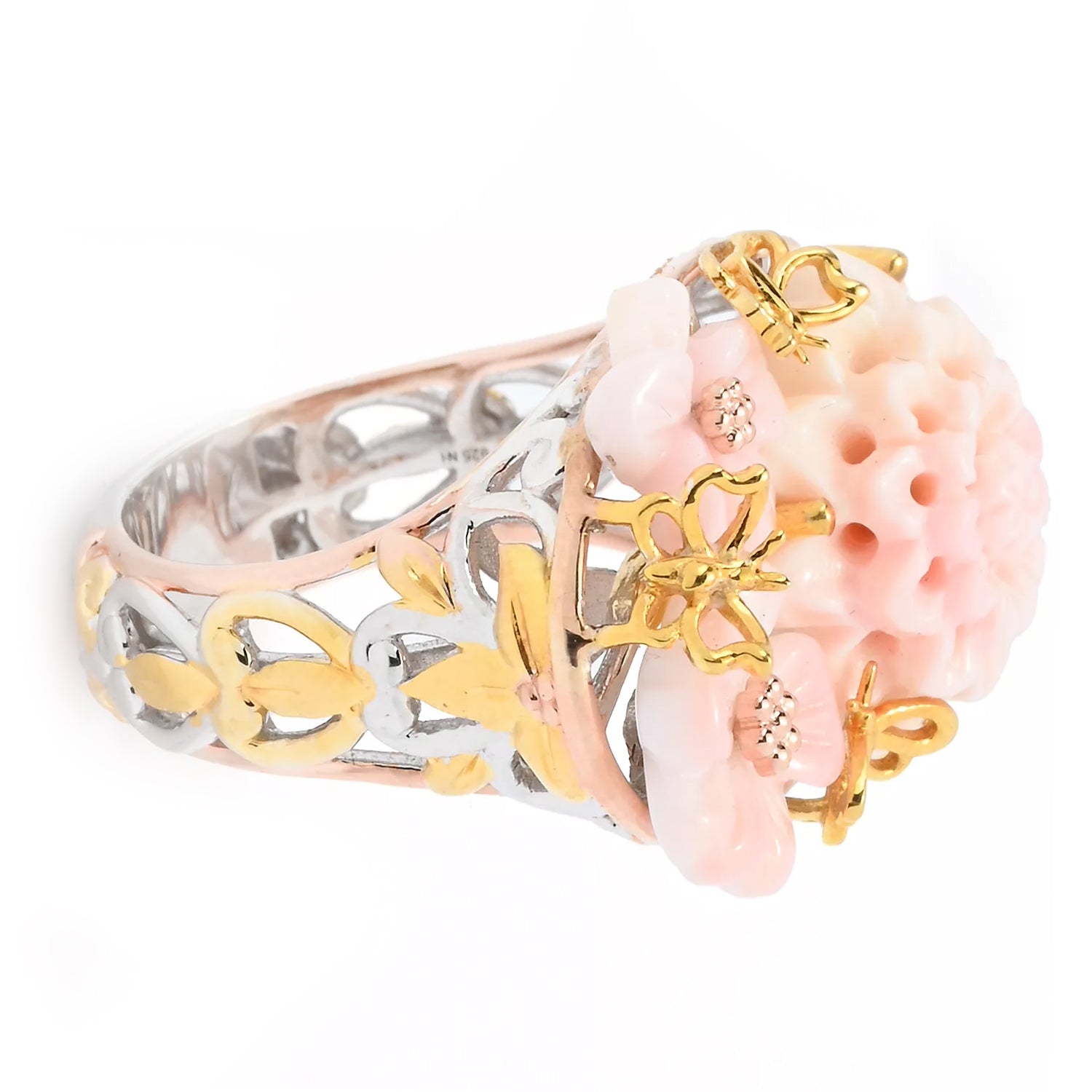 Gems en Vogue Pink Conch Shell Garden Flower & Butterfly Filigree Ring