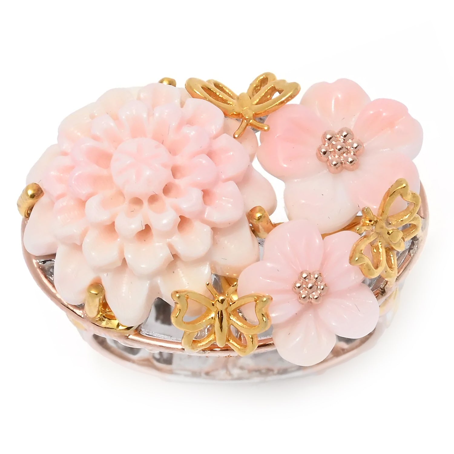 Gems en Vogue Pink Conch Shell Garden Flower & Butterfly Filigree Ring