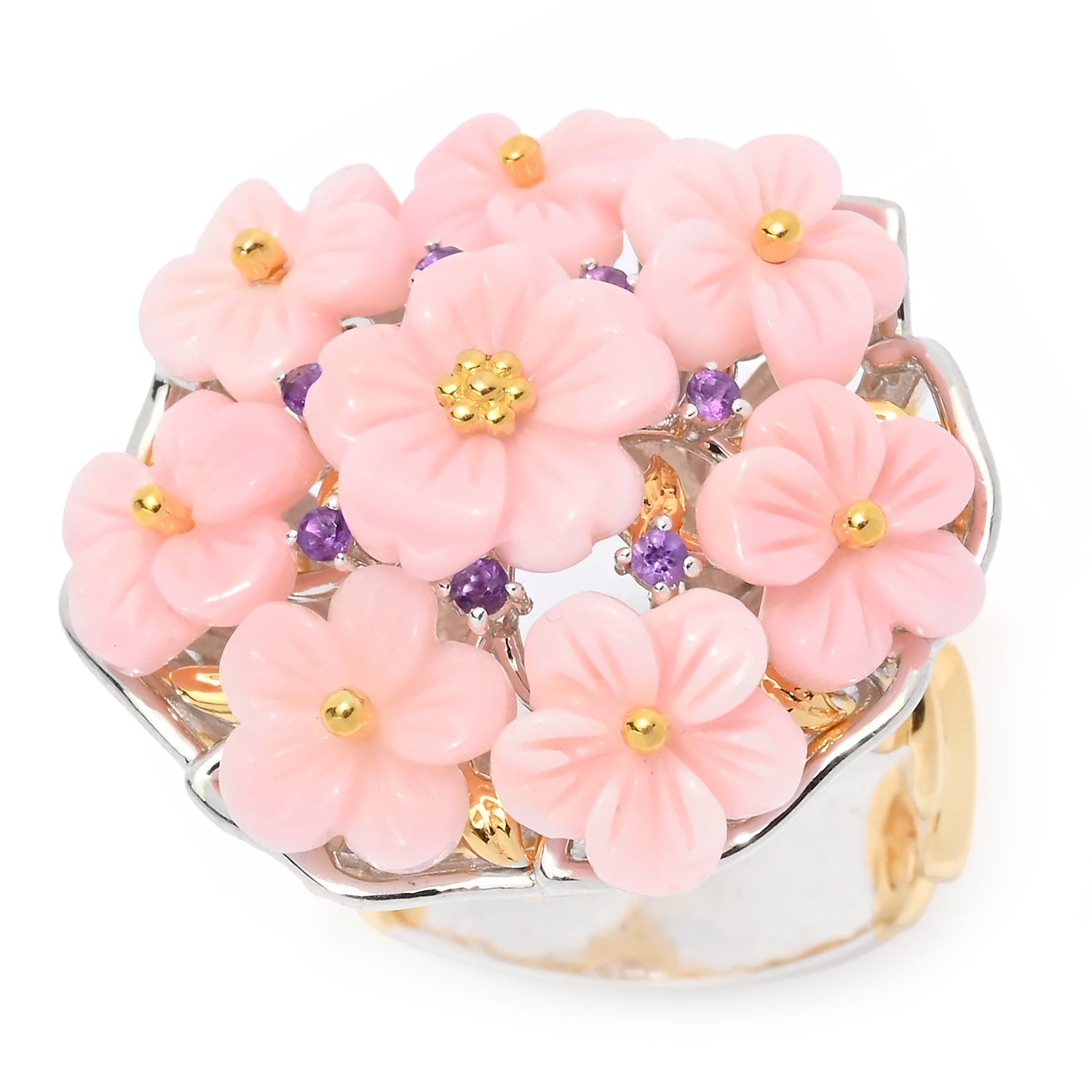 Gems en Vogue Pink Conch Shell & Amethyst Flower Bouquet Ring