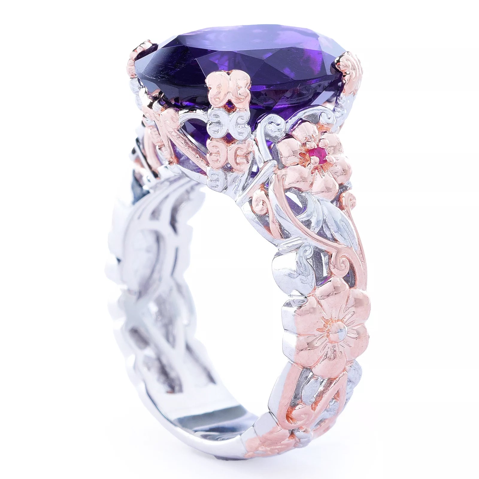 Gems en Vogue 8.10ctw African Amethyst & Ruby Flower Ring