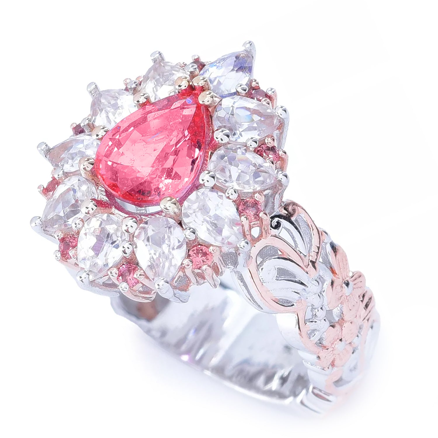 Gems en Vogue Luxe 4.24ctw Pear Shape Padparadscha Sapphire & White Zircon Ring